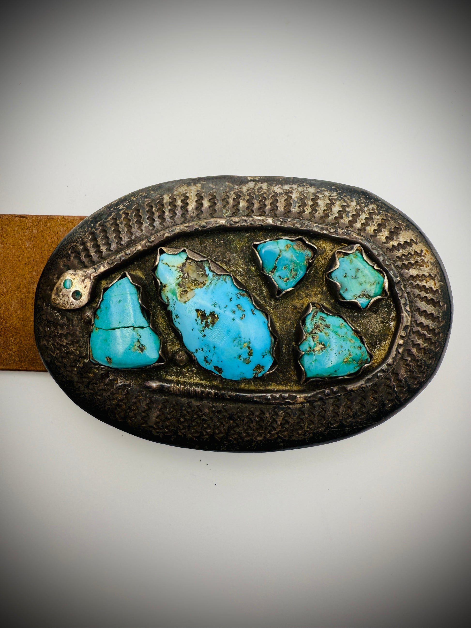 Vintage Effie Calavaza Zuni Sterling Silver Snake & Turquoise Belt Buckle w/Belt