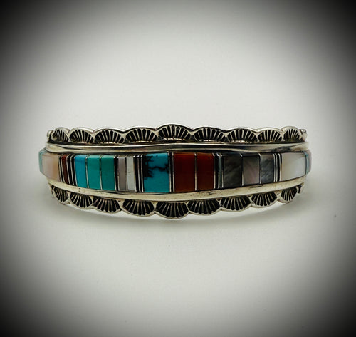 Authentic Navajo Harry Spencer Sterling Silver Multi-Stone Inlay Cuff Bracelet
