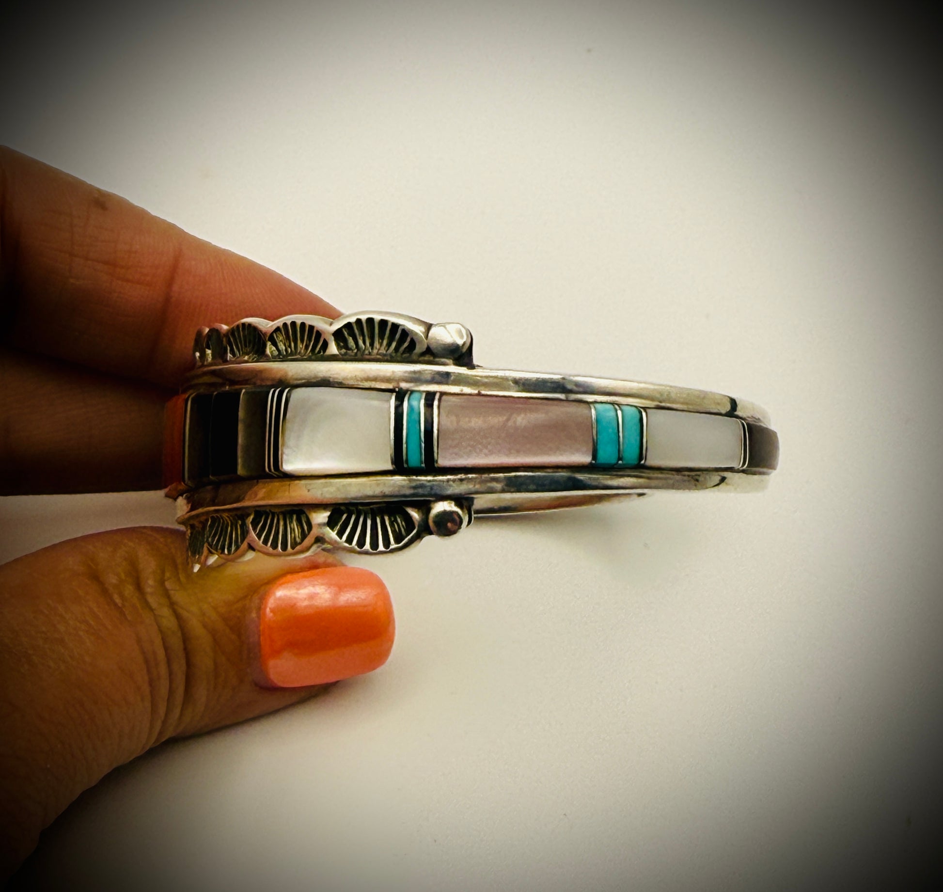Authentic Navajo Harry Spencer Sterling Silver Multi-Stone Inlay Cuff Bracelet