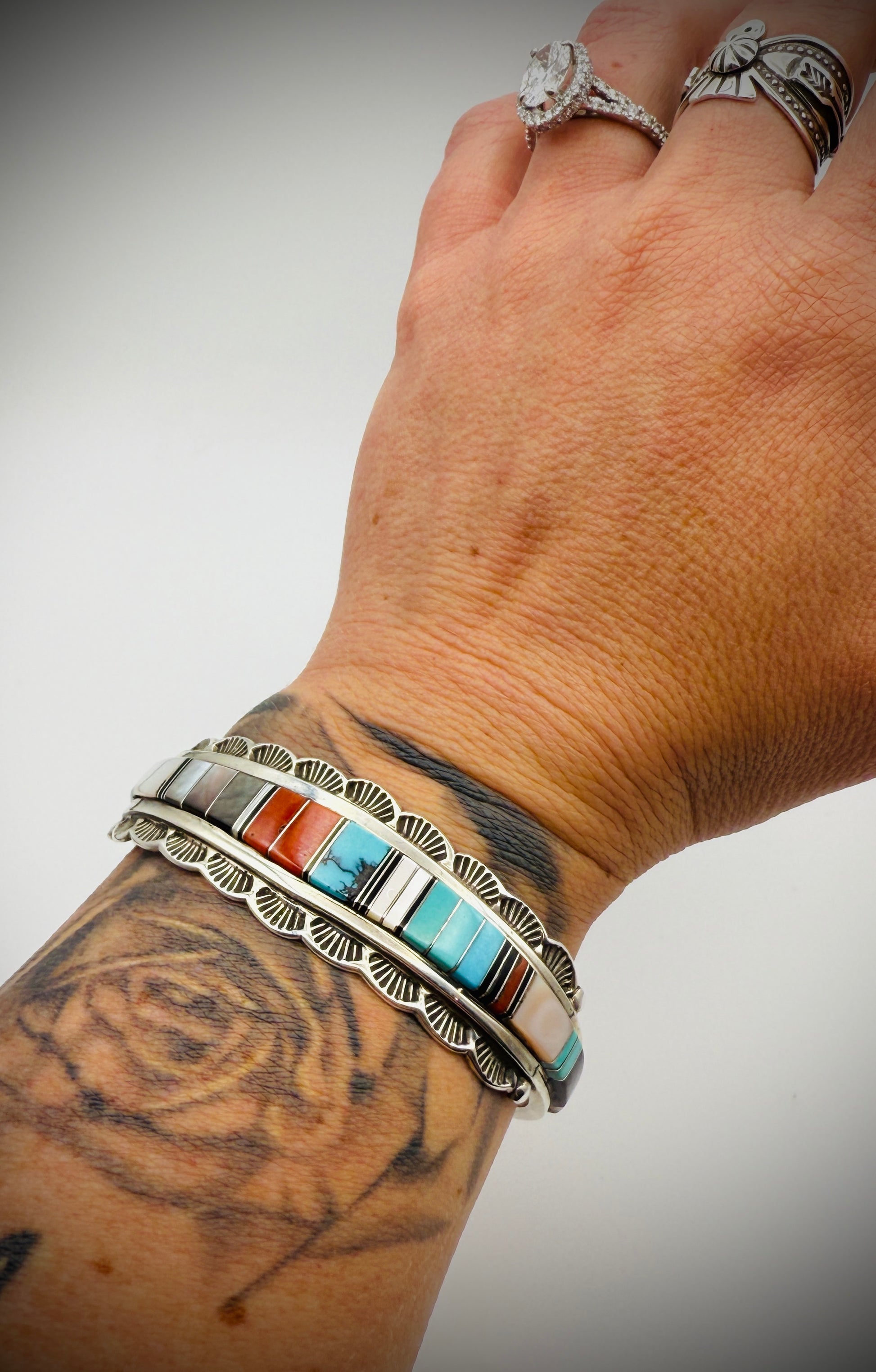 Authentic Navajo Harry Spencer Sterling Silver Multi-Stone Inlay Cuff Bracelet