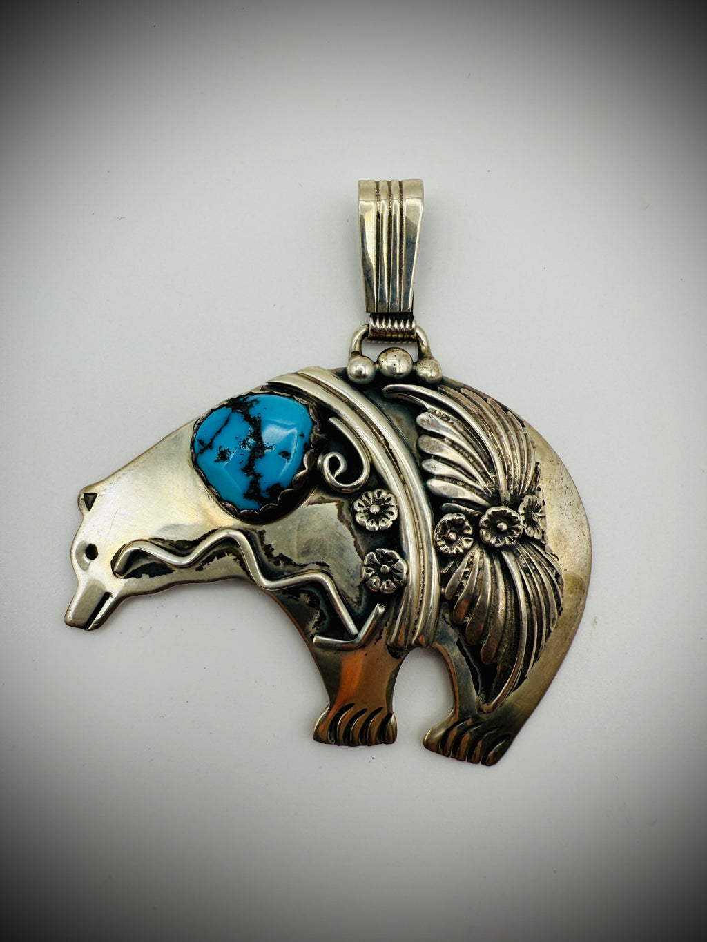 Vintage Navajo Sterling Silver Bear Pendant with Turquoise – Signed RS