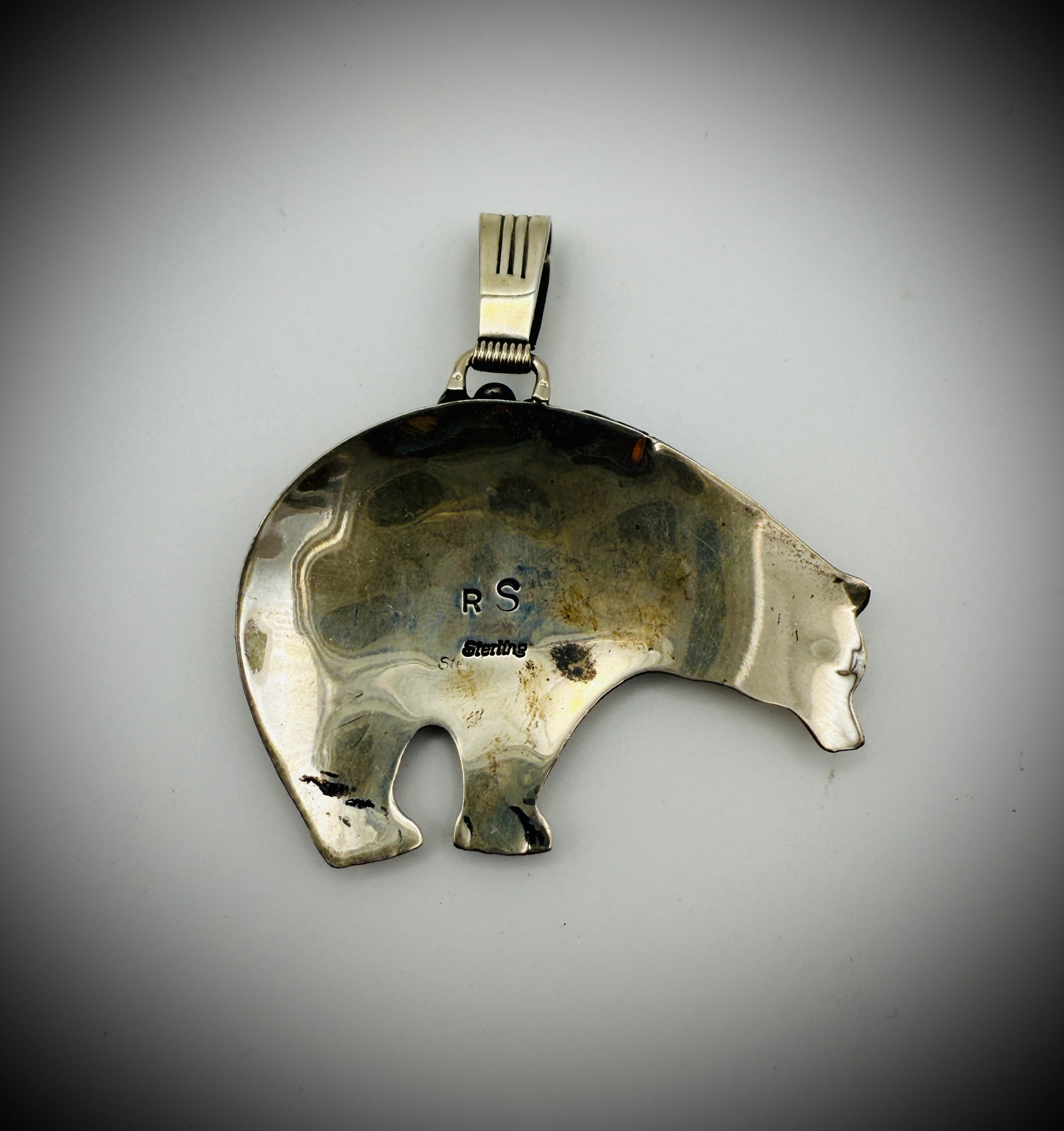 Vintage Navajo Sterling Silver Bear Pendant with Turquoise – Signed RS