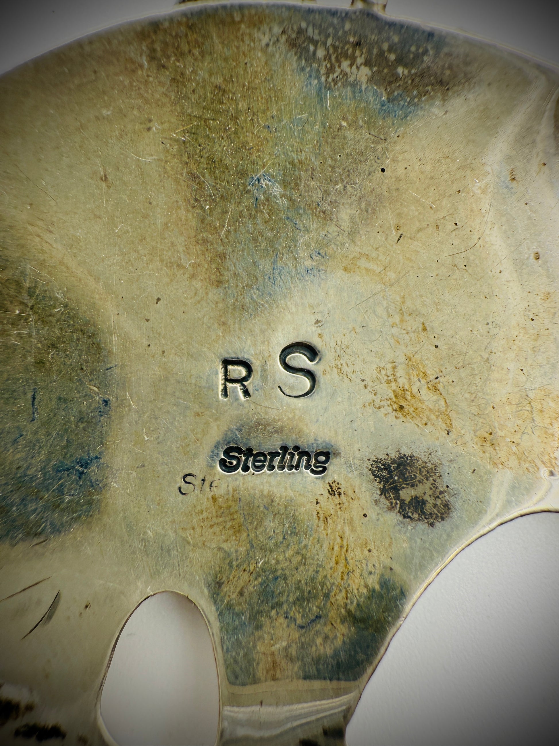 Vintage Navajo Sterling Silver Bear Pendant with Turquoise – Signed RS