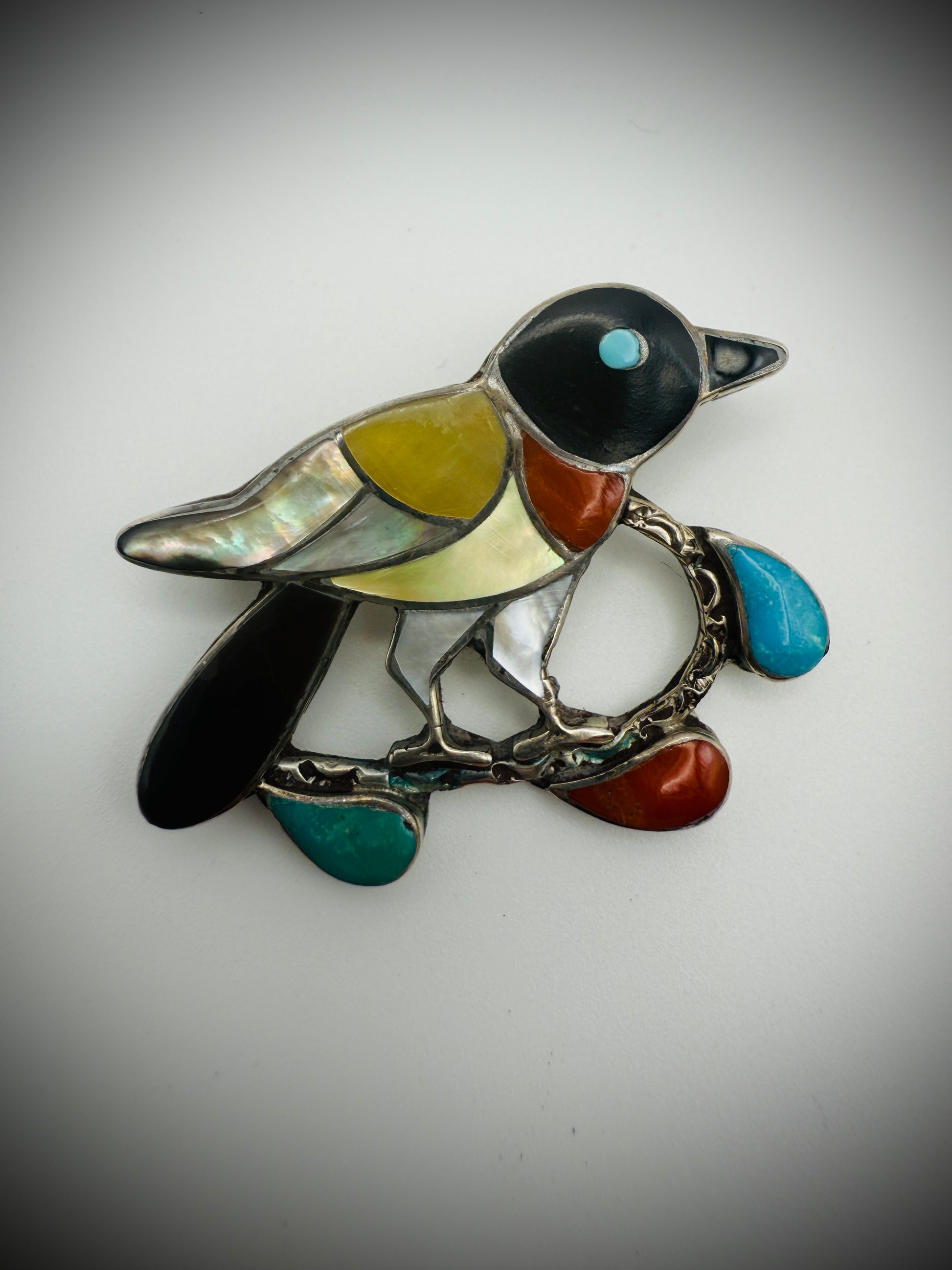 Vintage Zuni Porfilio Sheyka Sterling Silver Bird Inlay Brooch