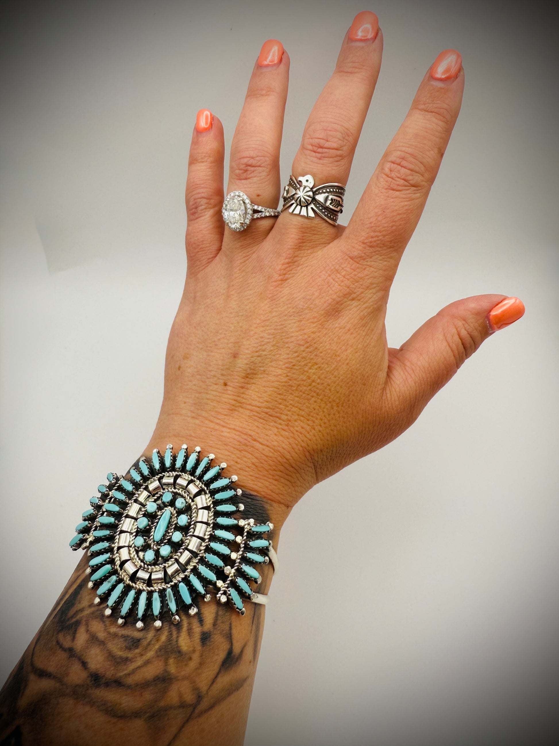 Sterling Silver Turquoise Cluster Cuff – Nathaniel & Rosemary Nez (Navajo), Signed