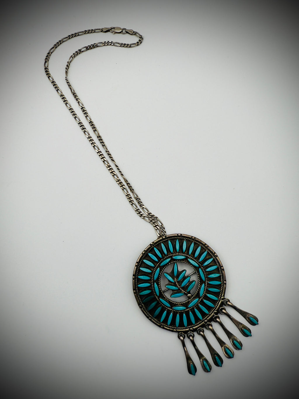 Vintage Zuni Sterling Silver Turquoise Needlepoint Pendant/Brooch – Signed FE (Floyd Etsate)