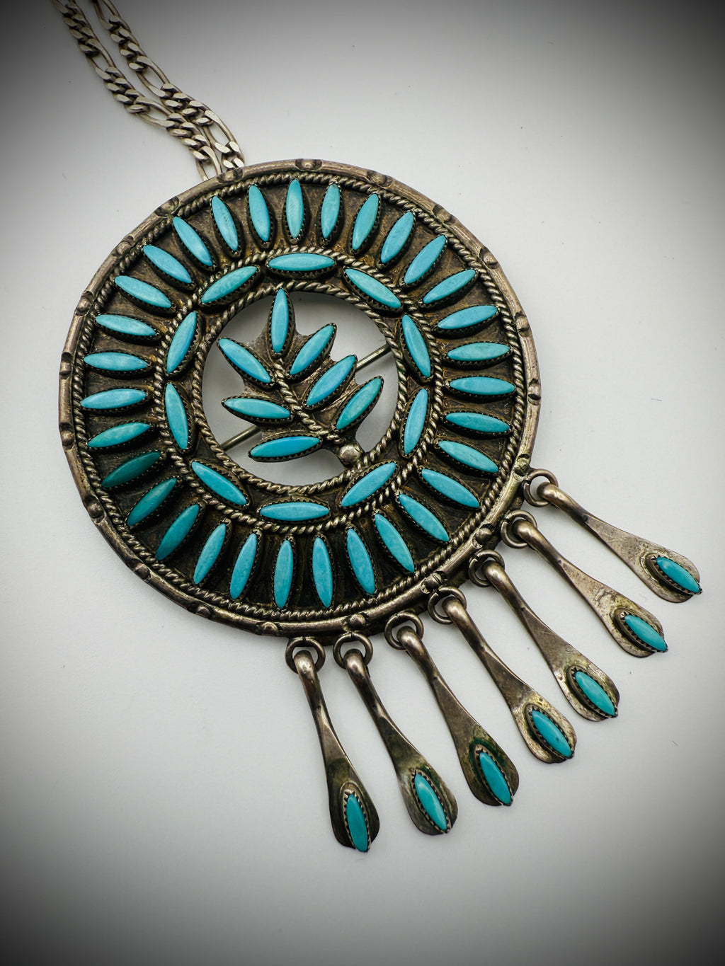 Vintage Zuni Sterling Silver Turquoise Needlepoint Pendant/Brooch – Signed FE (Floyd Etsate)