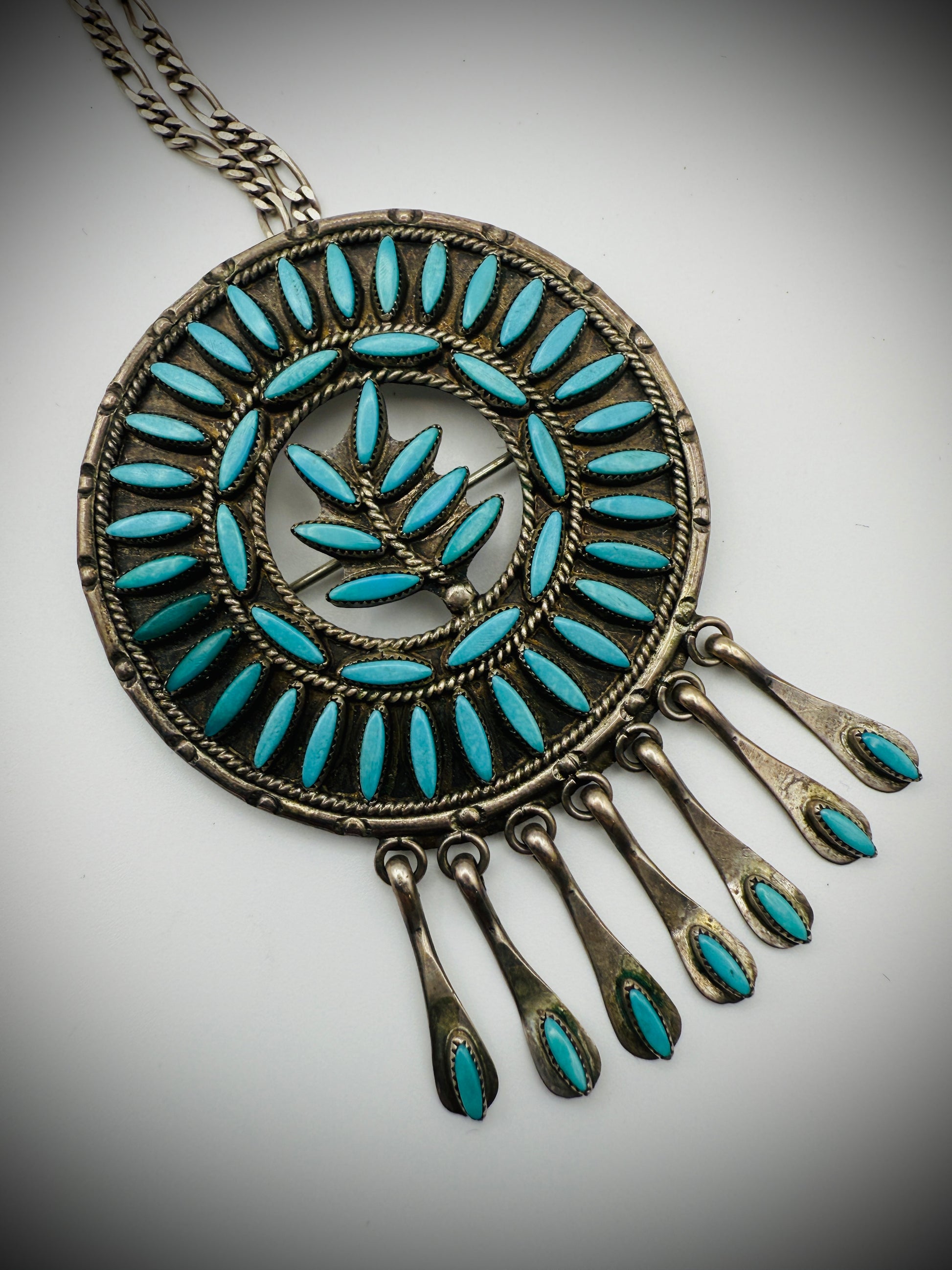 Vintage Zuni Sterling Silver Turquoise Needlepoint Pendant/Brooch – Signed FE (Floyd Etsate)