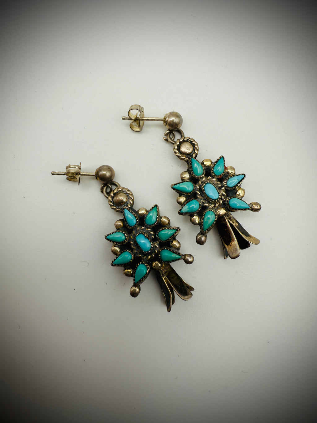 Vintage Sterling Silver & Turquoise Petit Point Earrings – Squash Blossom Dangle