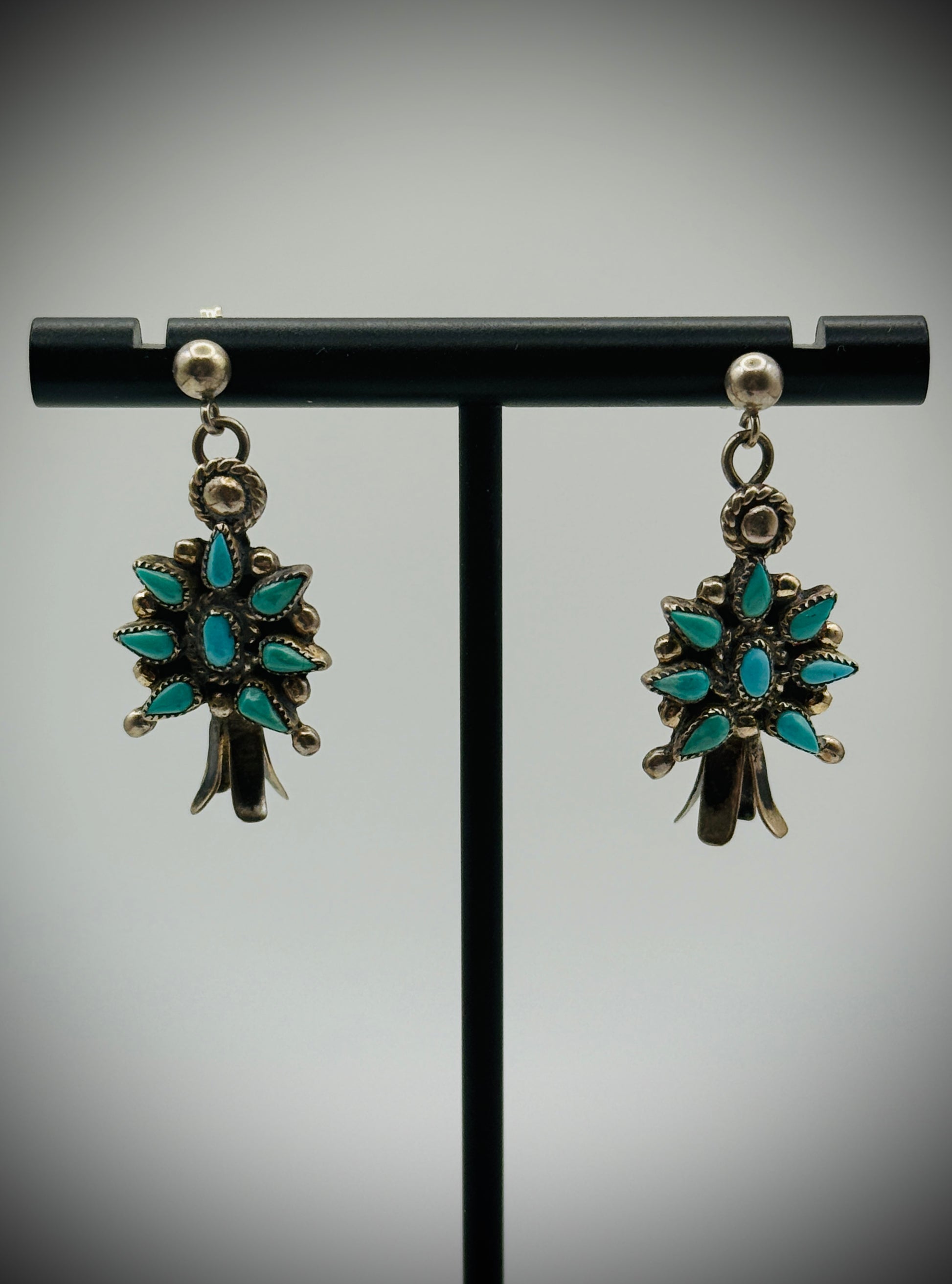 Vintage Sterling Silver & Turquoise Petit Point Earrings – Squash Blossom Dangle