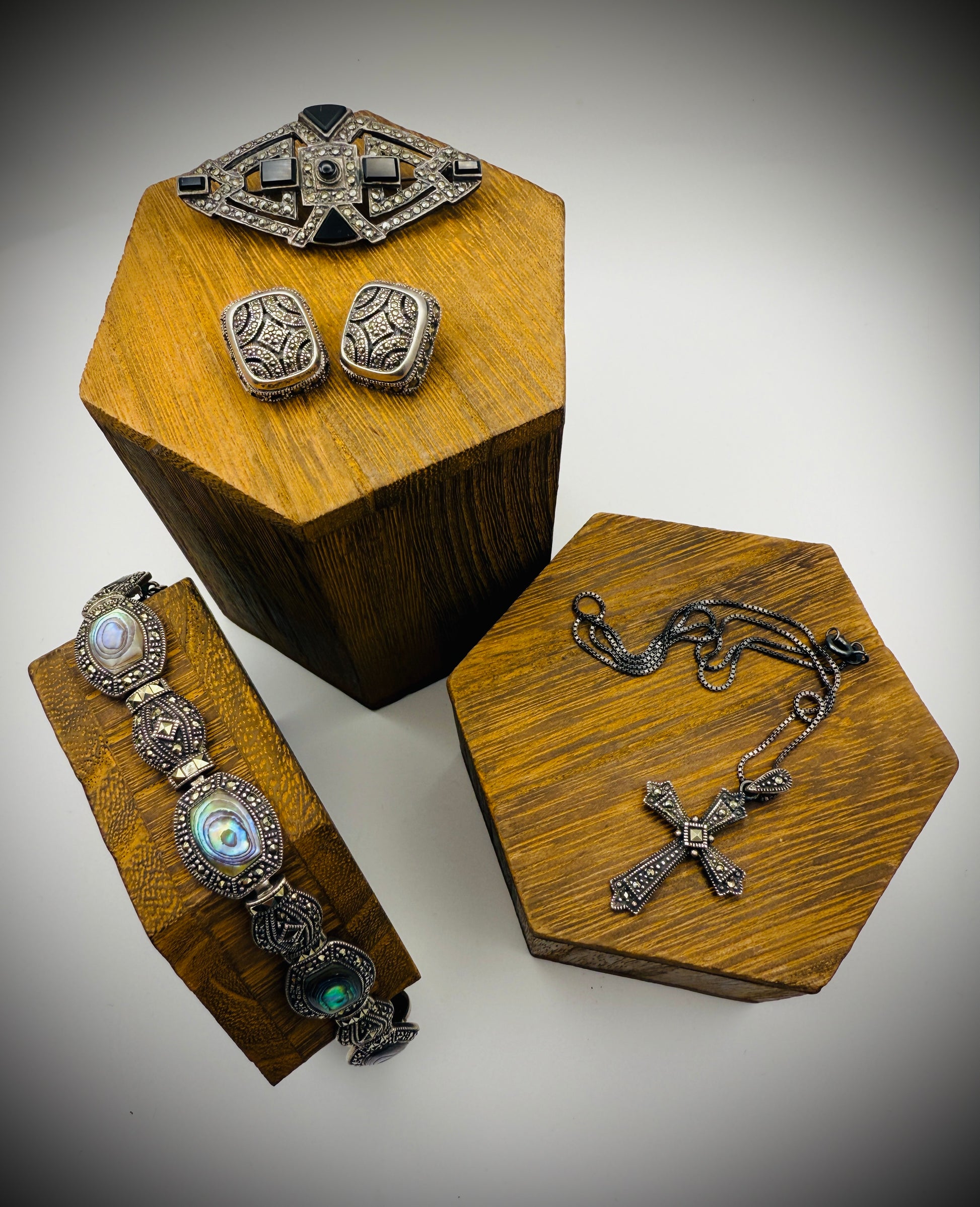 Vintage Sterling Silver & Marcasite Jewelry Lot – Cross Necklace, Bracelet, Earrings, Brooch