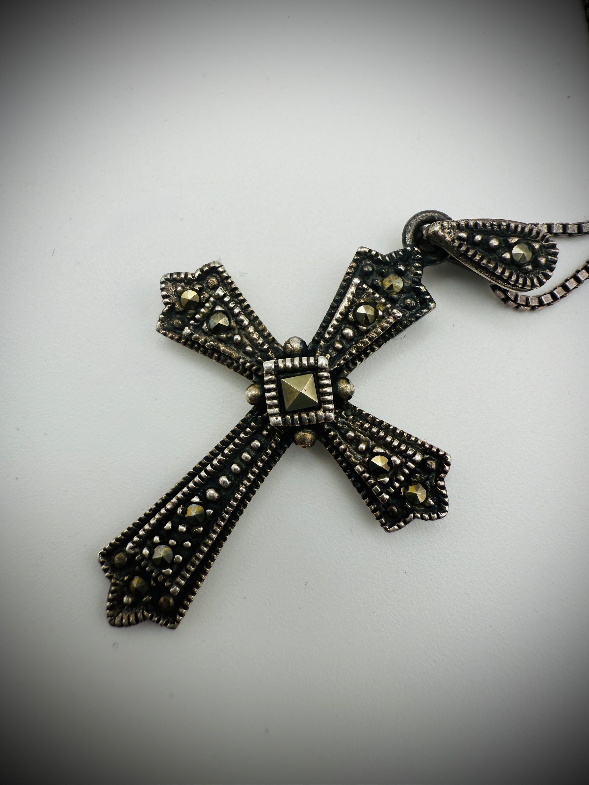 Vintage Sterling Silver & Marcasite Jewelry Lot – Cross Necklace, Bracelet, Earrings, Brooch