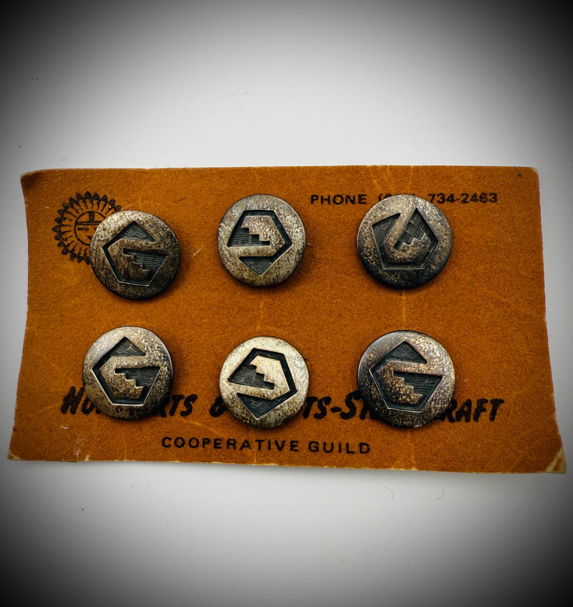 Hopi Guild Sterling Overlay Buttons (2 Cards) & Sterling Conchos Lot