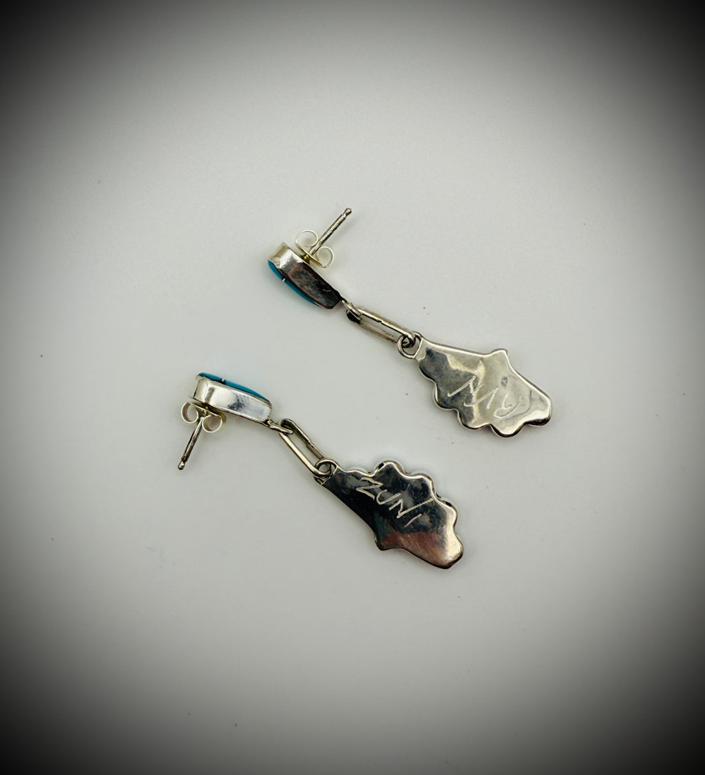 Zuni Turquoise Inlay Dangle Earrings – Sterling, 1.75", etched “Zuni / RVN”