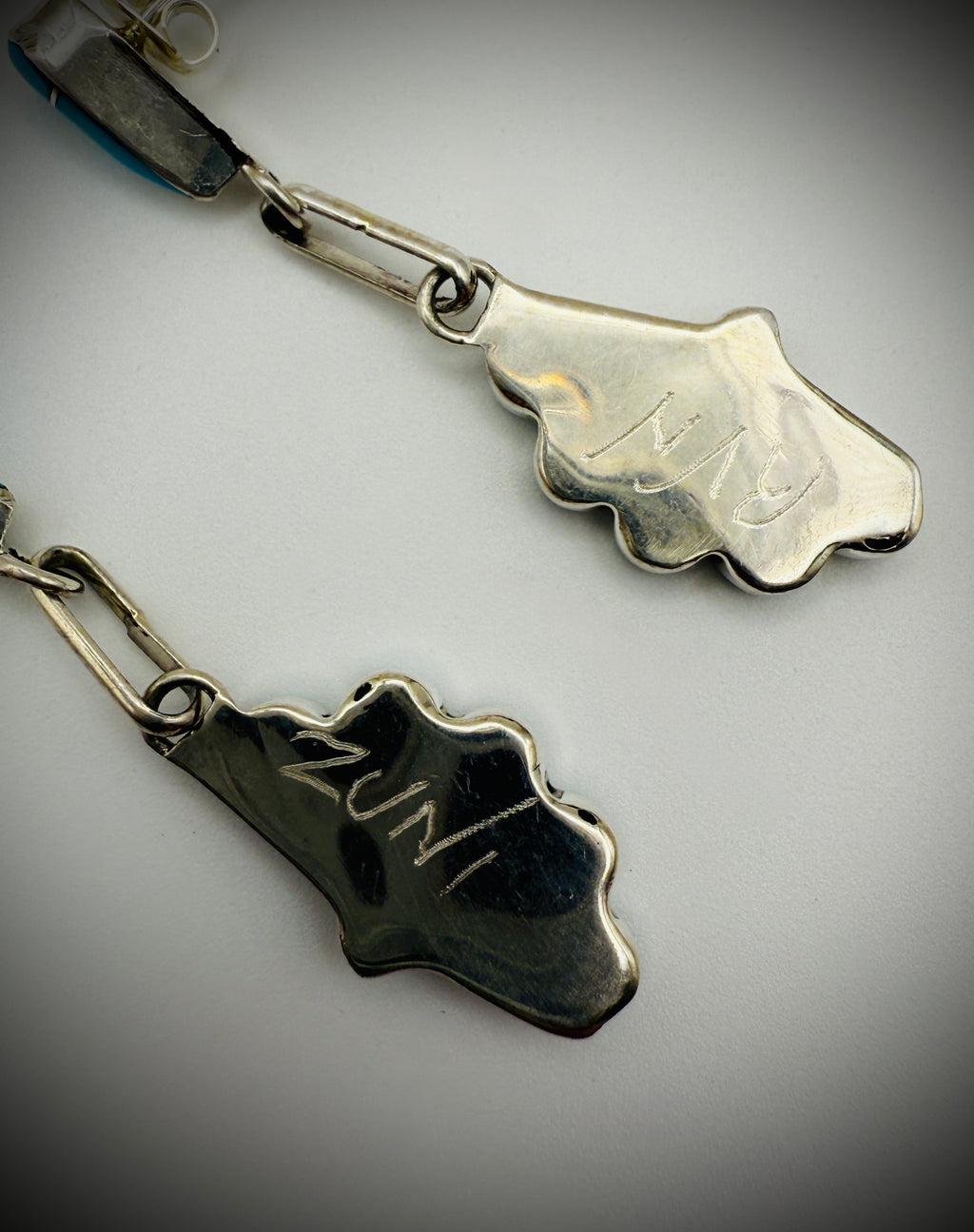 Zuni Turquoise Inlay Dangle Earrings – Sterling, 1.75", etched “Zuni / RVN”