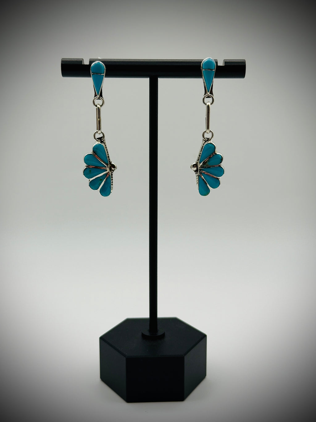 Zuni Turquoise Inlay Dangle Earrings – Sterling, 1.75", etched “Zuni / RVN”