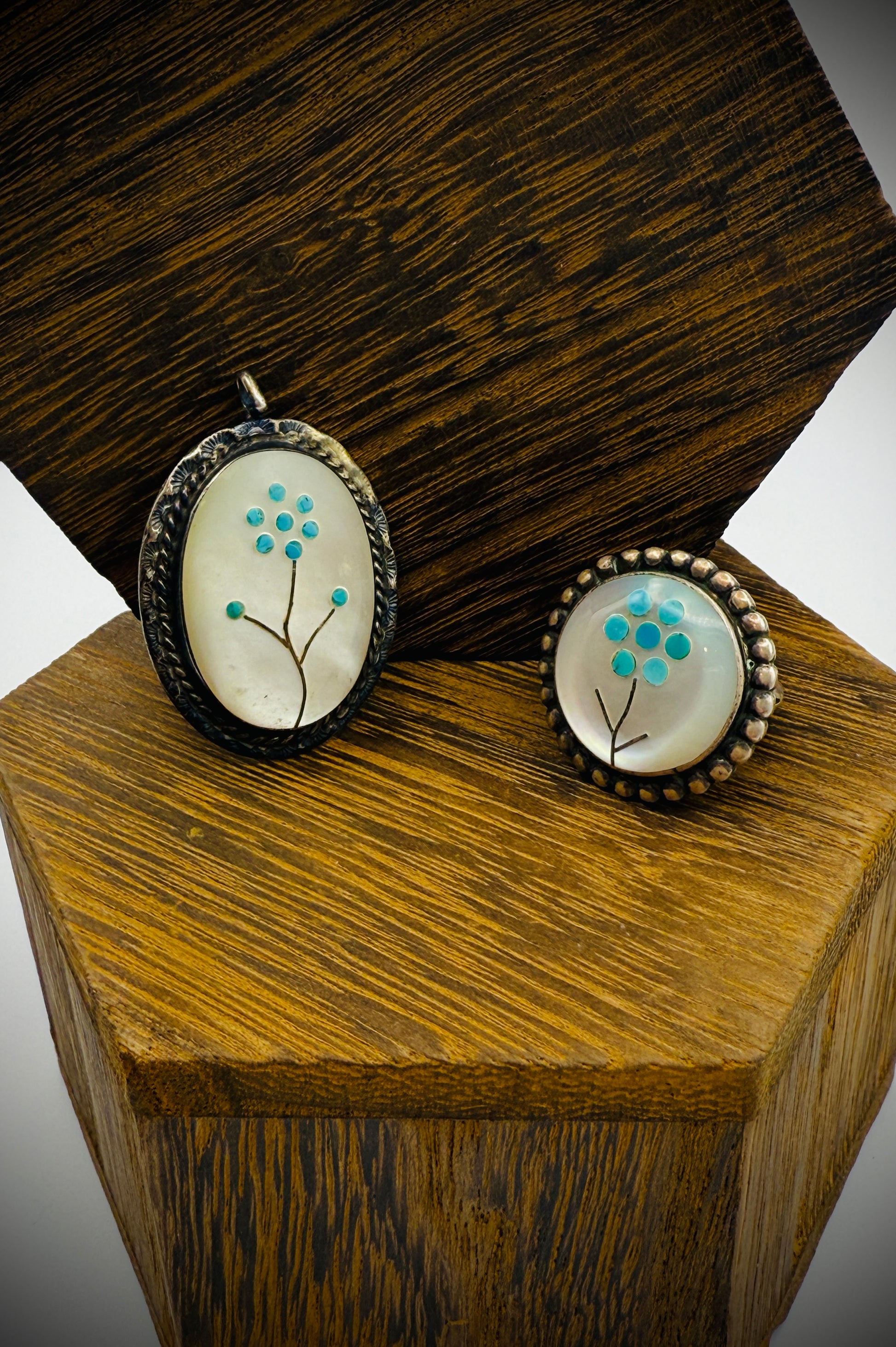 Sterling MOP + Turquoise Inlay Pendant & Ring Set – Size 6.6, Vintage Patina