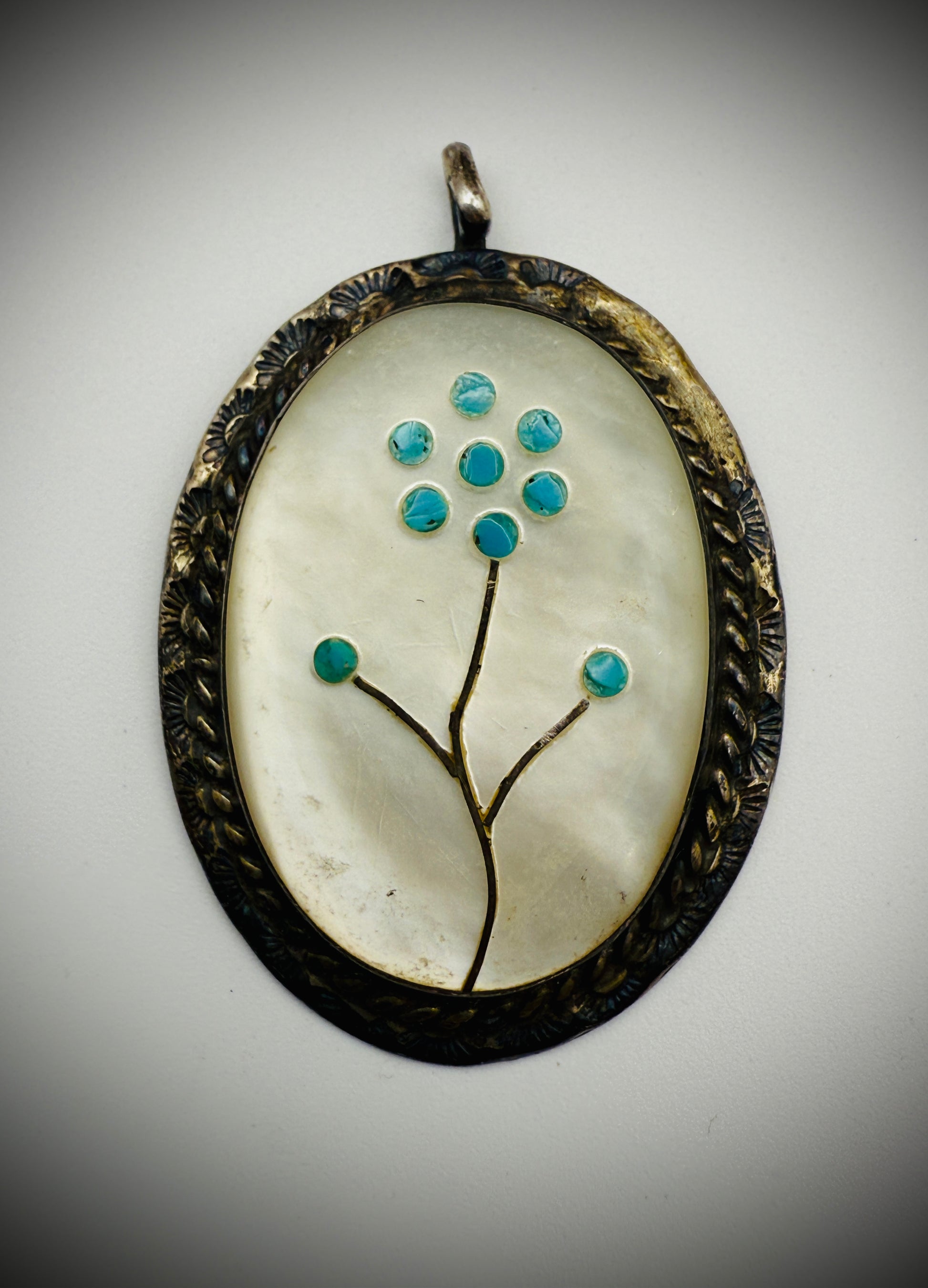 Sterling MOP + Turquoise Inlay Pendant & Ring Set – Size 6.6, Vintage Patina