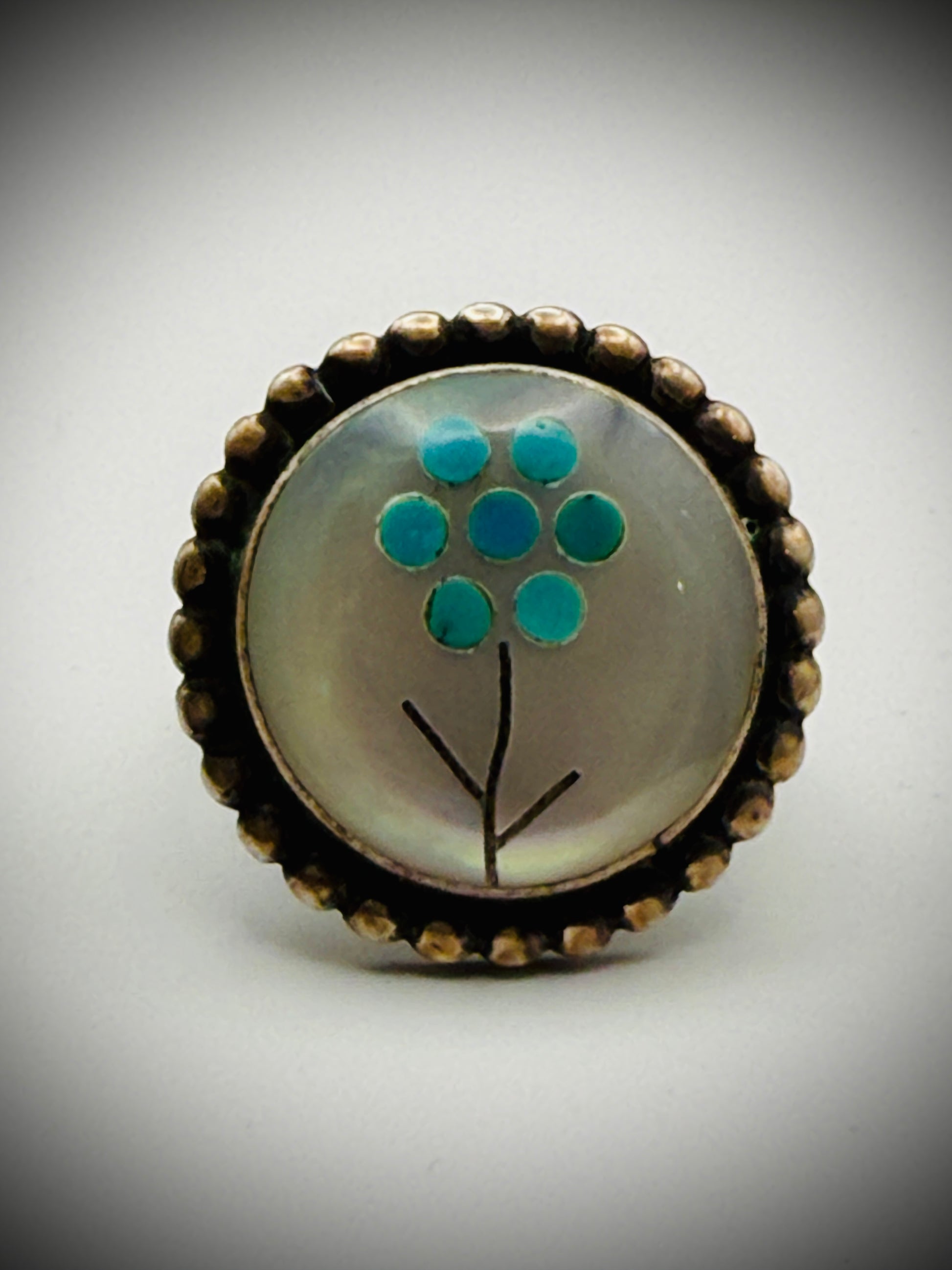 Sterling MOP + Turquoise Inlay Pendant & Ring Set – Size 6.6, Vintage Patina