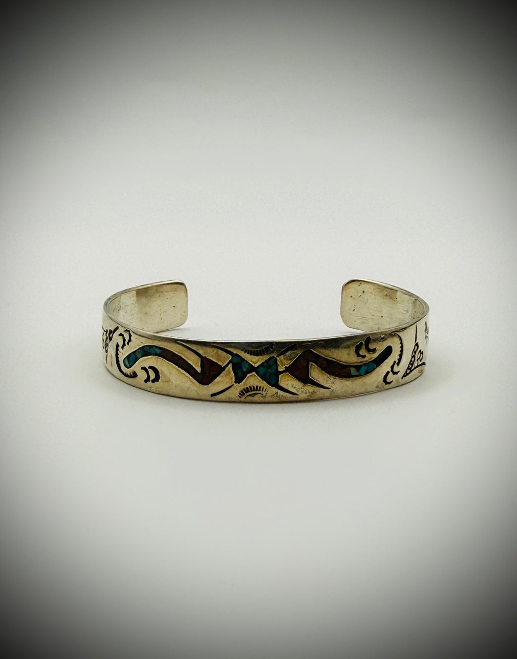 Southwestern Silver Chip-Inlay Cuff (Turquoise & Coral) | Sz 6.5 total | 20g