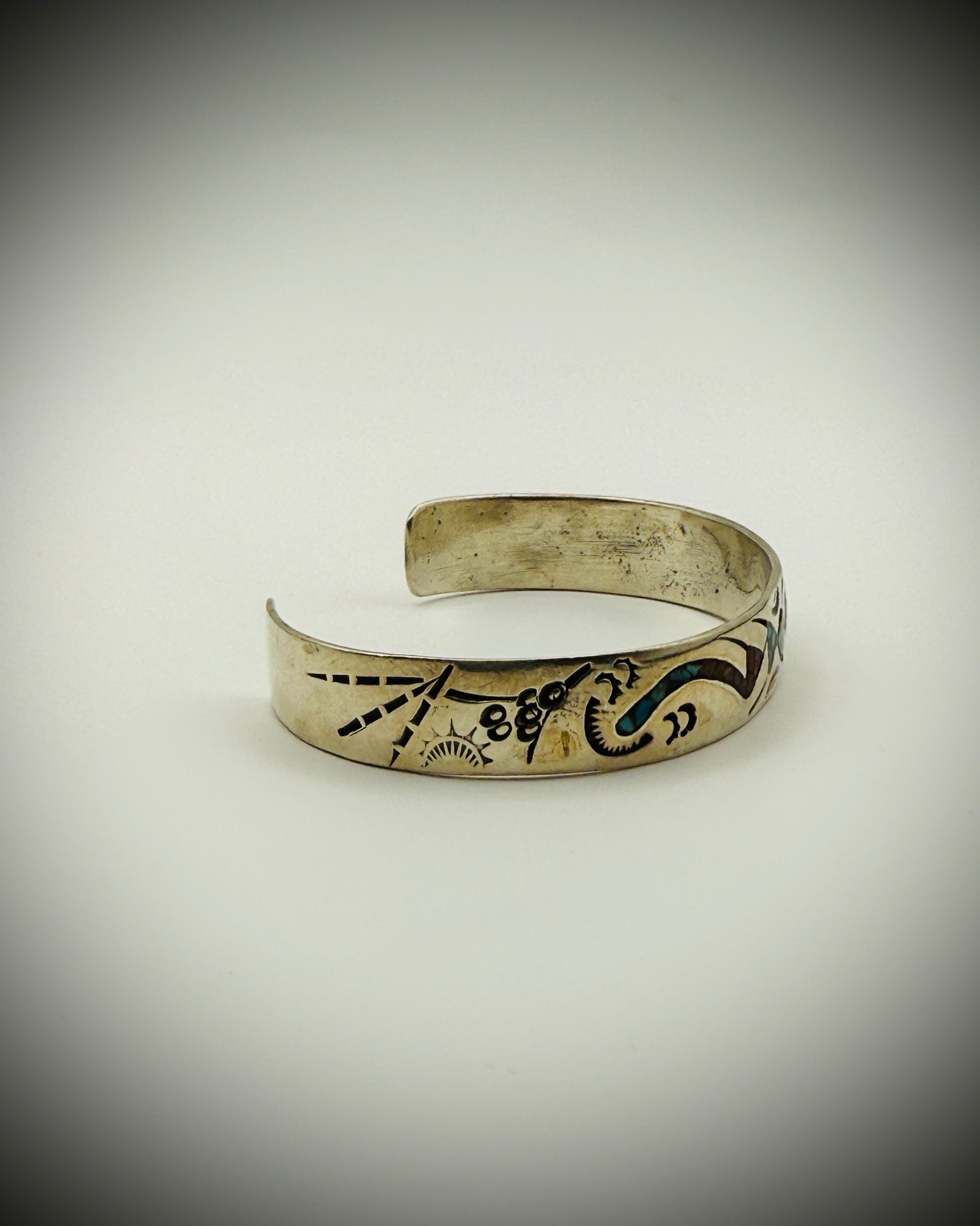 Southwestern Silver Chip-Inlay Cuff (Turquoise & Coral) | Sz 6.5 total | 20g