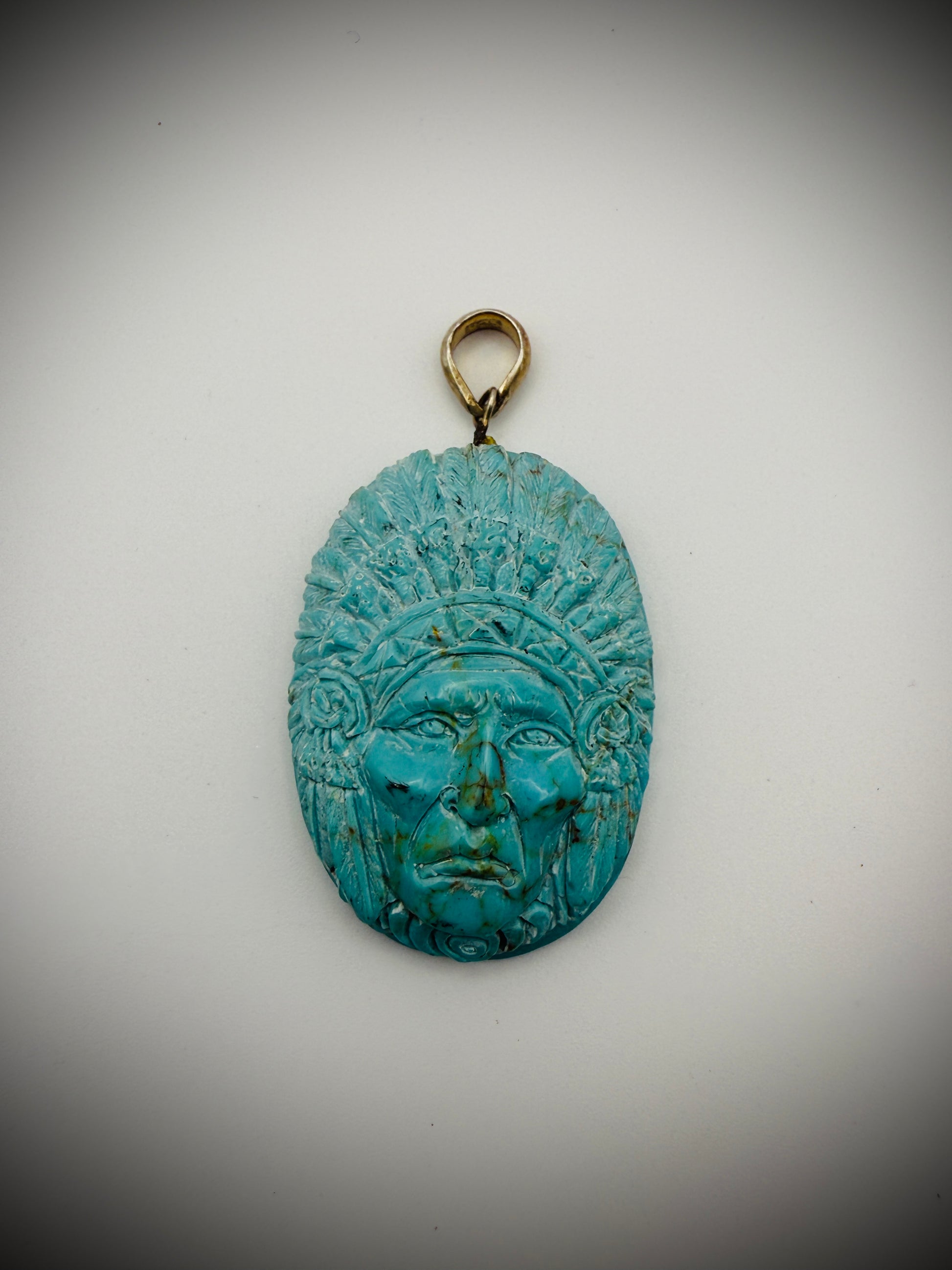 Carved Turquoise Chief Pendant - 15g - 925 bail