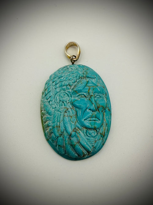 Carved Turquoise Chief Pendant - 15g - 925 bail