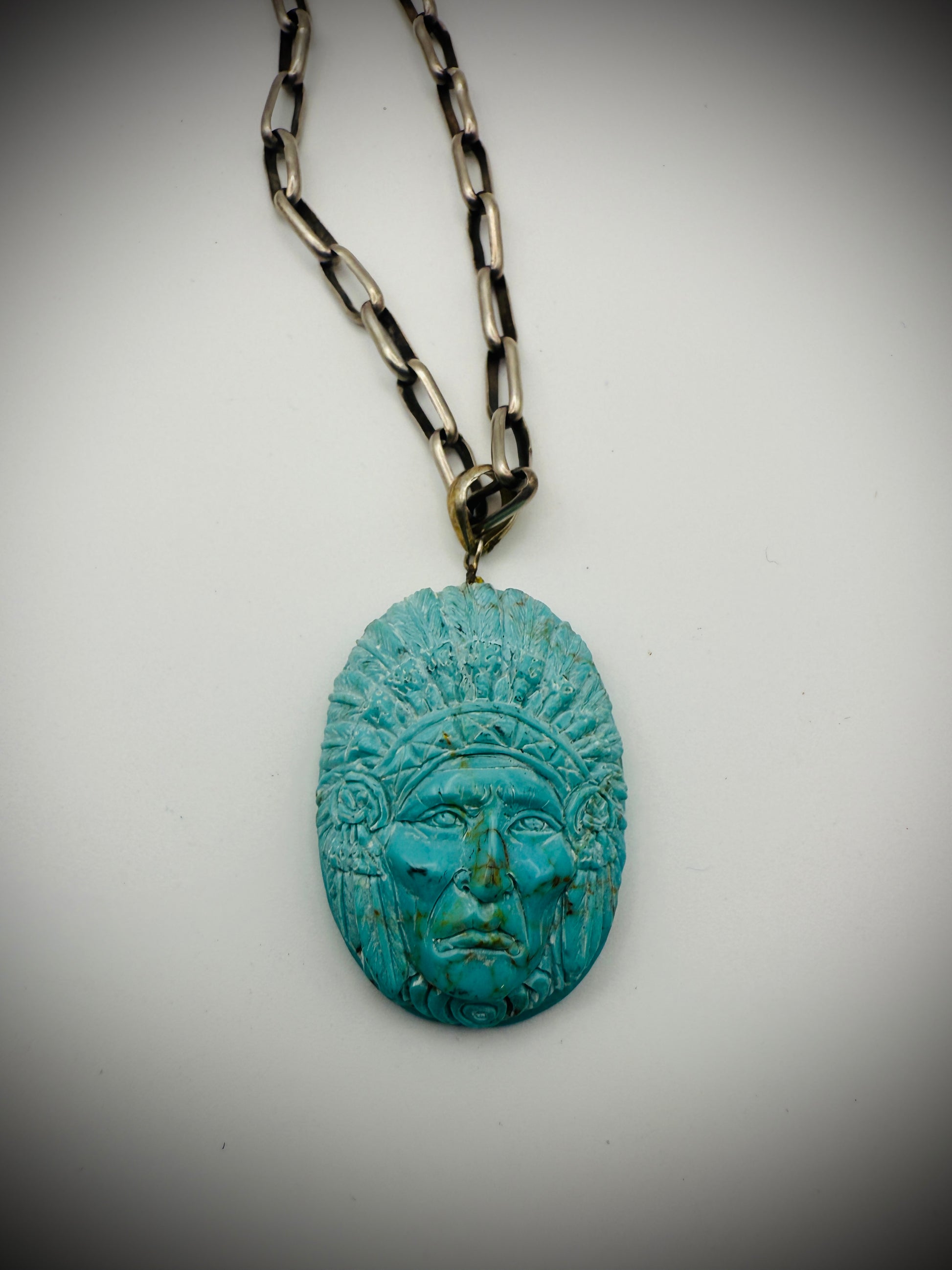 Carved Turquoise Chief Pendant - 15g - 925 bail