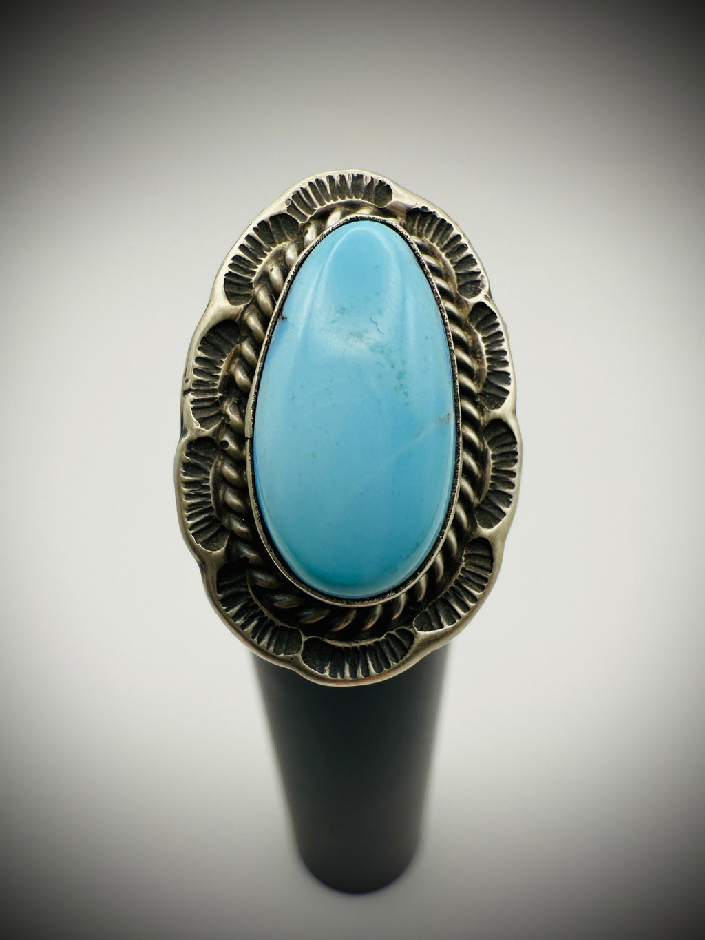 Navajo Sterling Turquoise Ring — artist-stamped F - Freda Martinez, Size 7