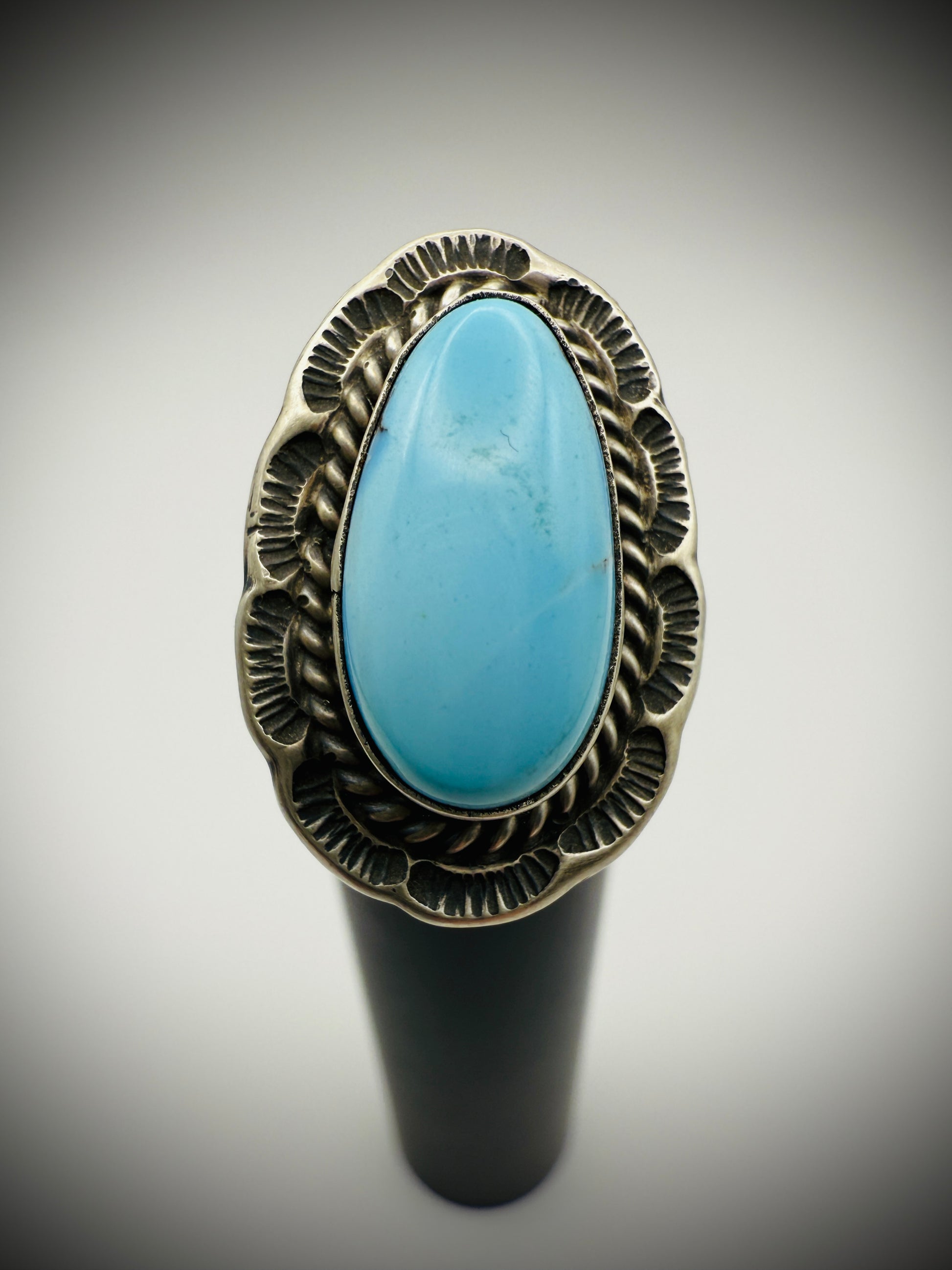 Navajo Sterling Turquoise Ring — artist-stamped F - Freda Martinez, Size 7