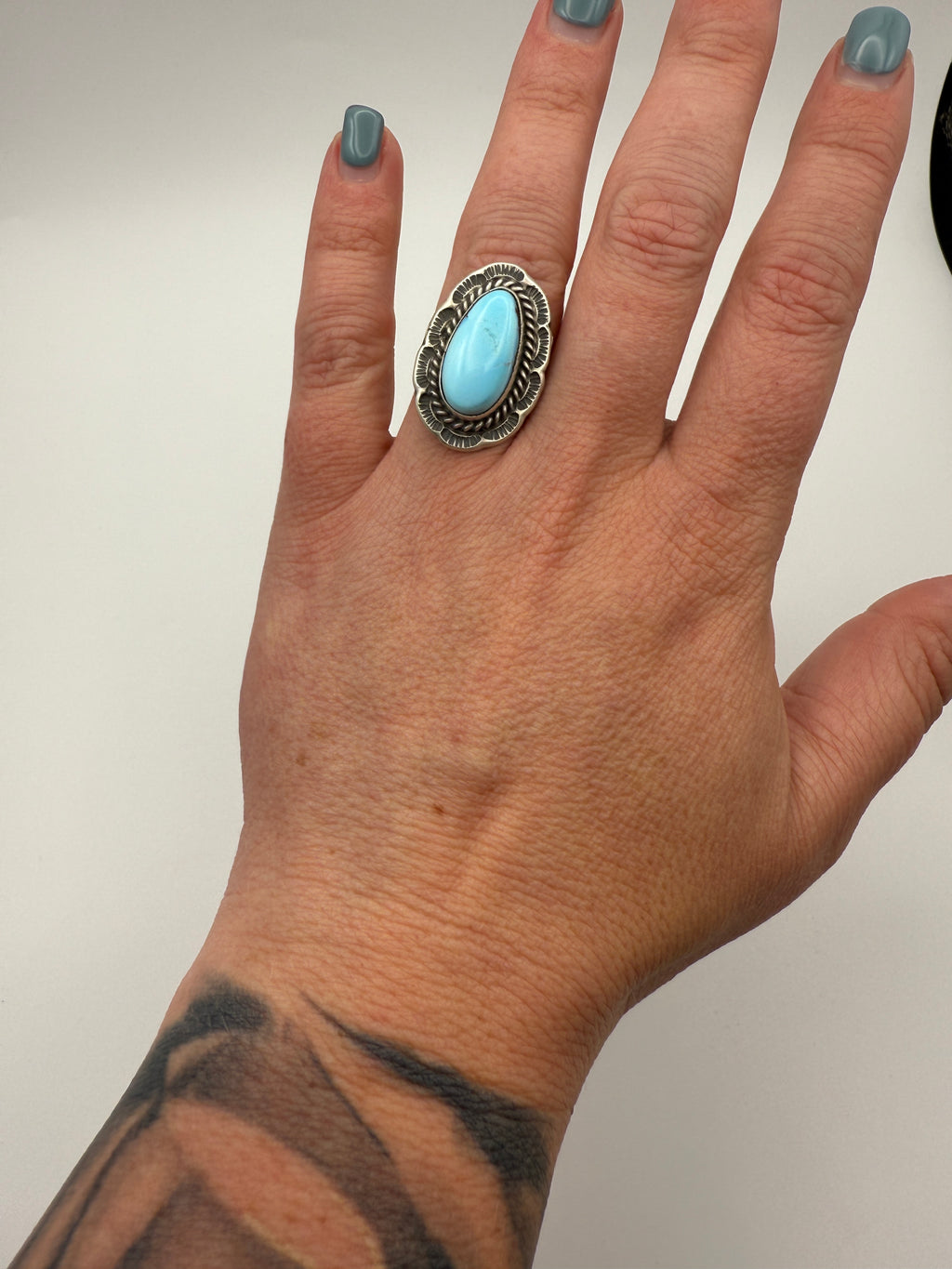 Navajo Sterling Turquoise Ring — artist-stamped F - Freda Martinez, Size 7
