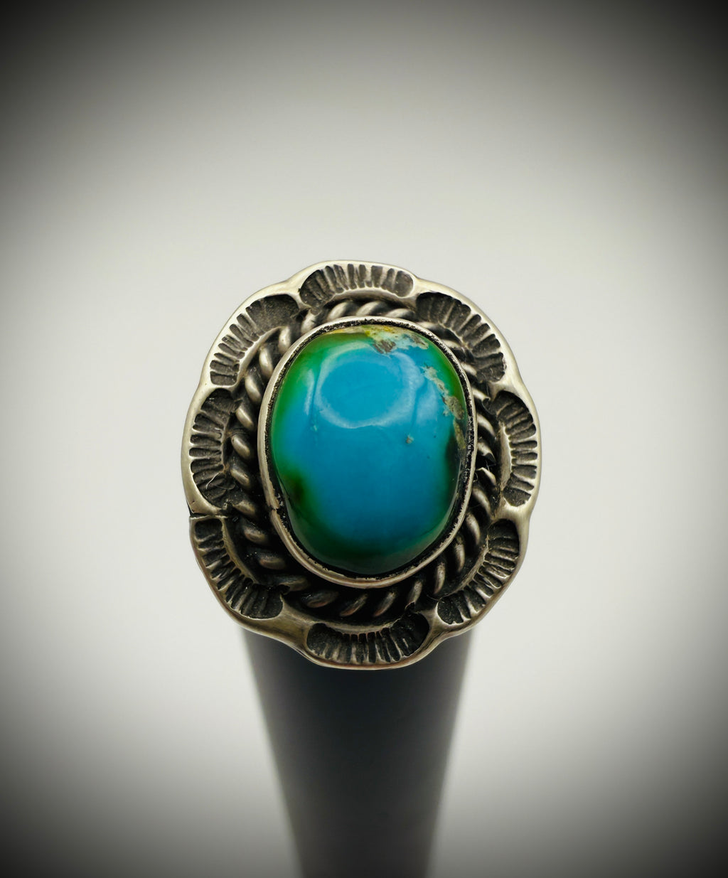 Navajo Sterling Turquoise Ring — Freda Martinez “F” Hallmark, Size 7.5