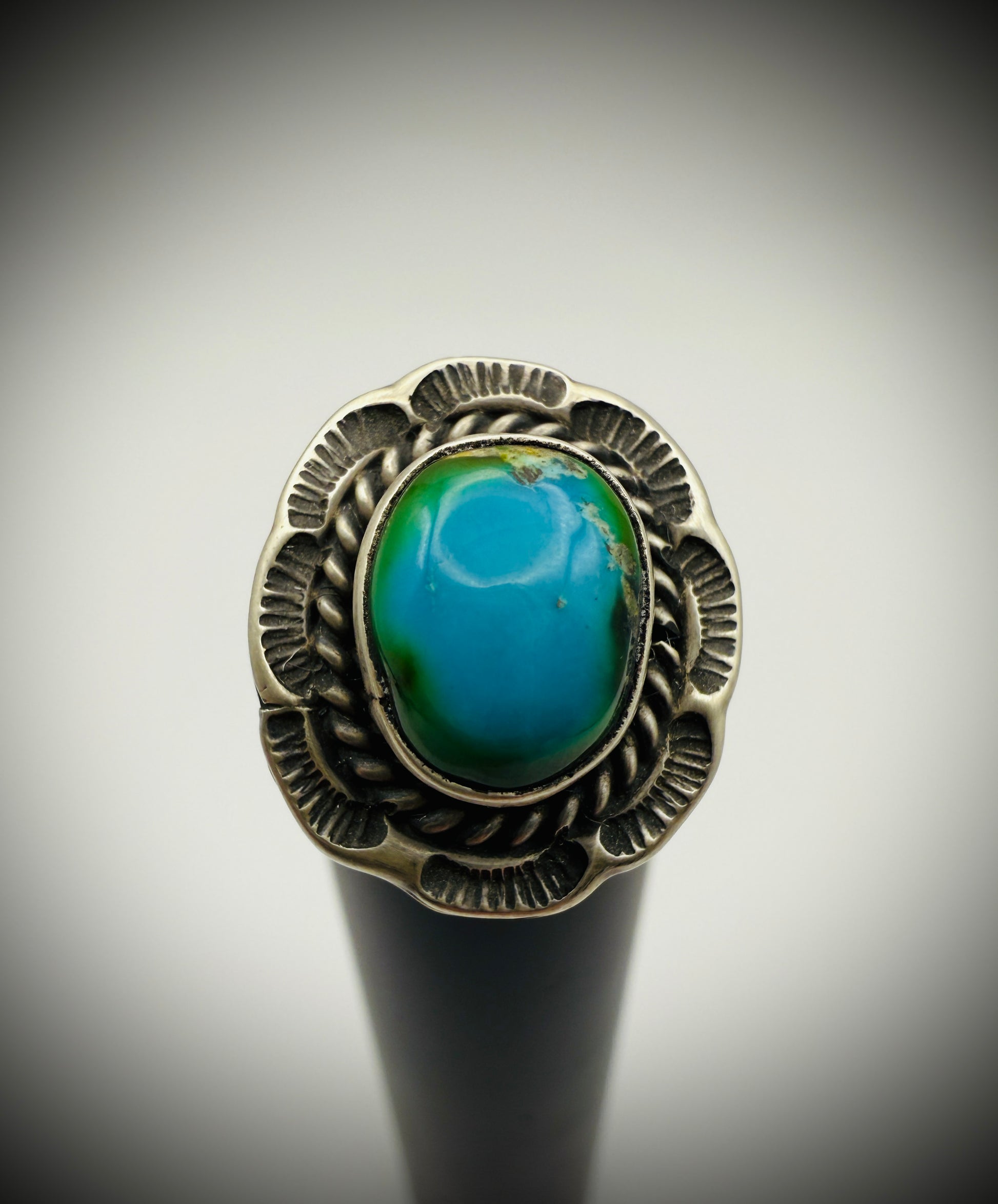 Navajo Sterling Turquoise Ring — Freda Martinez “F” Hallmark, Size 7.5