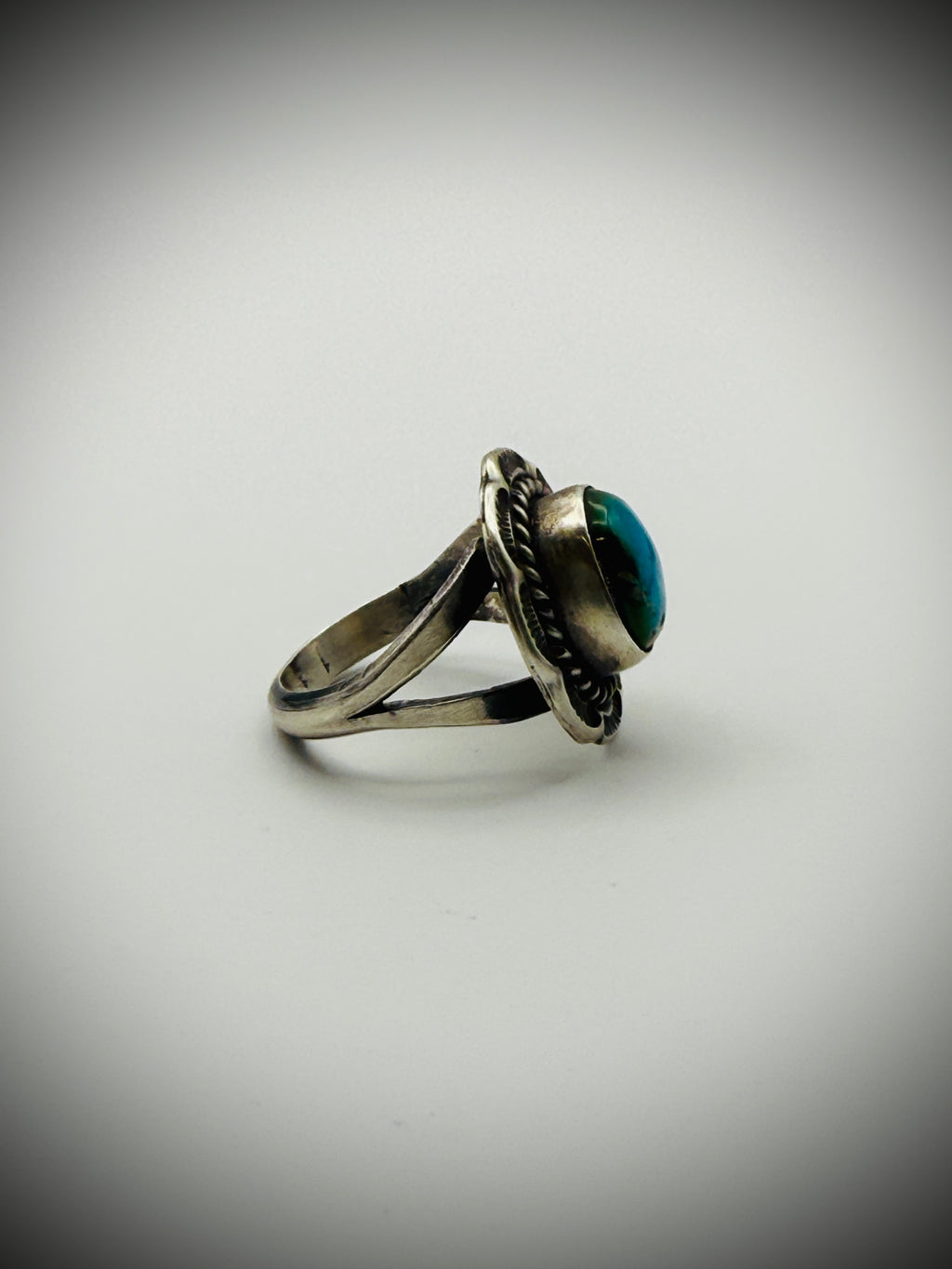 Navajo Sterling Turquoise Ring — Freda Martinez “F” Hallmark, Size 7.5