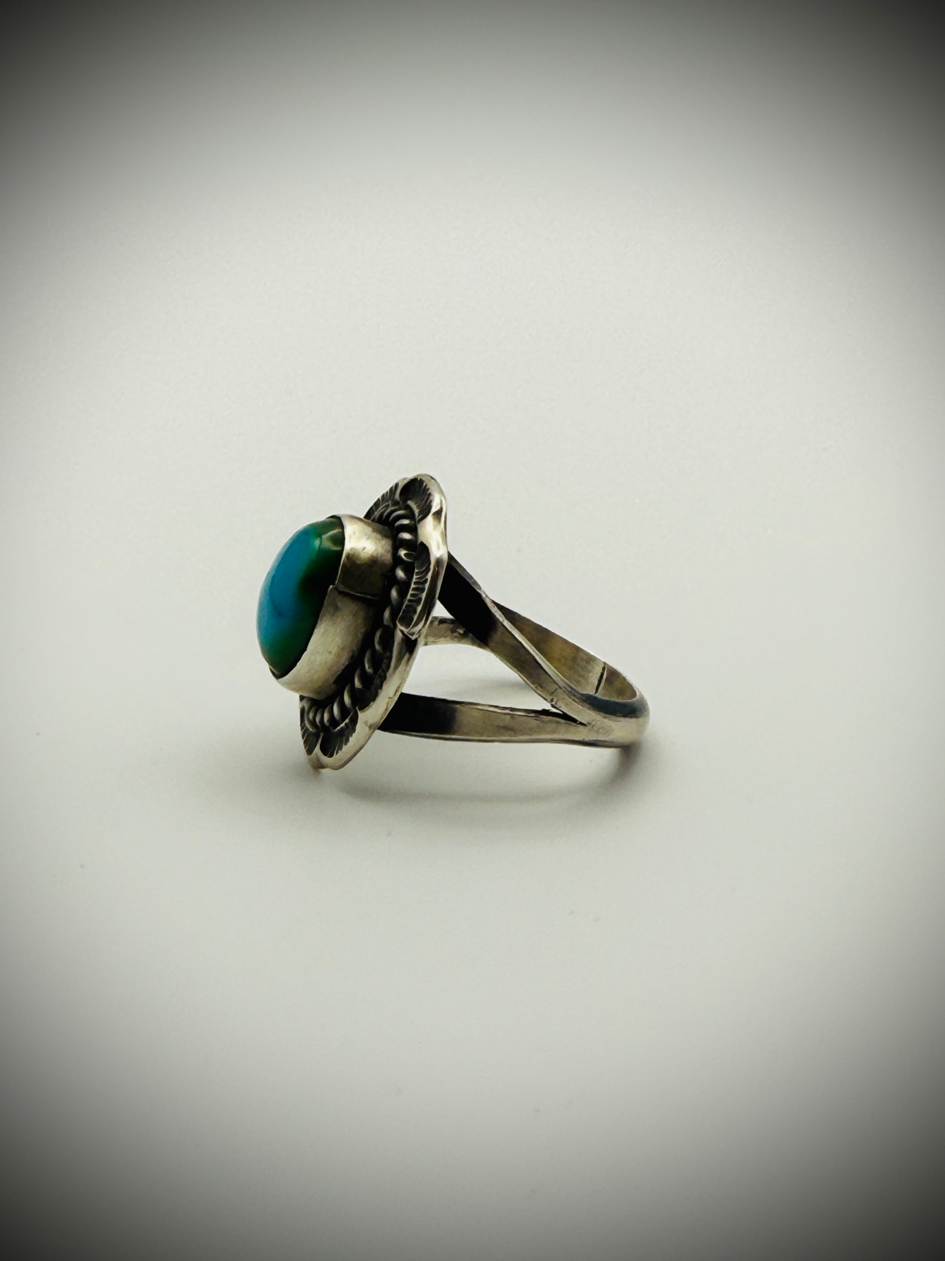 Navajo Sterling Turquoise Ring — Freda Martinez “F” Hallmark, Size 7.5