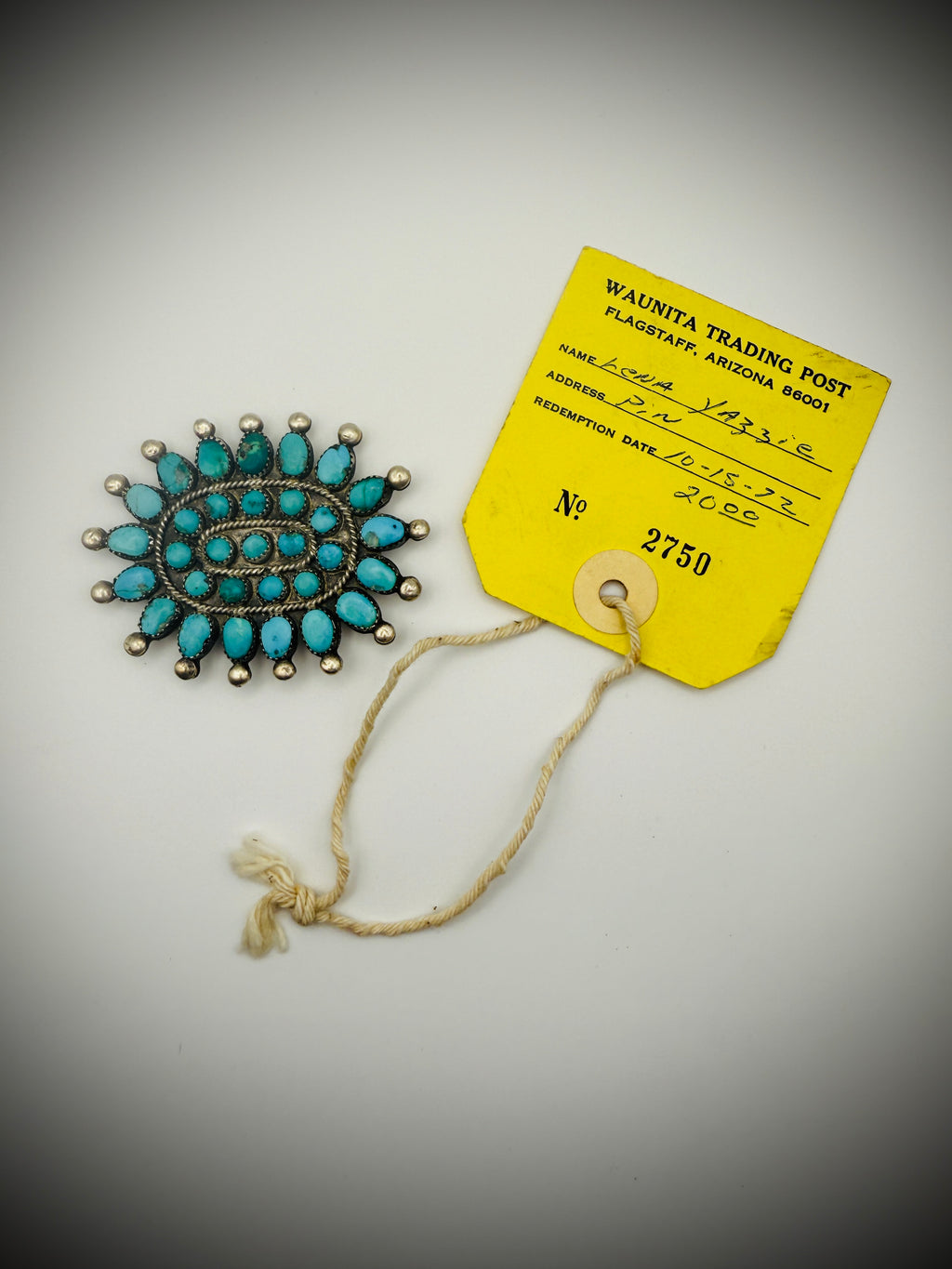 Vintage Navajo “Dead Pawn” Turquoise Cluster Brooch + Tag, 3.25" (26g)