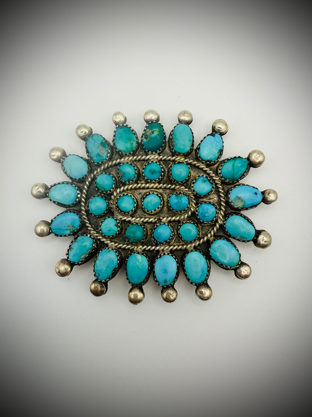 Vintage Navajo “Dead Pawn” Turquoise Cluster Brooch + Tag, 3.25" (26g)