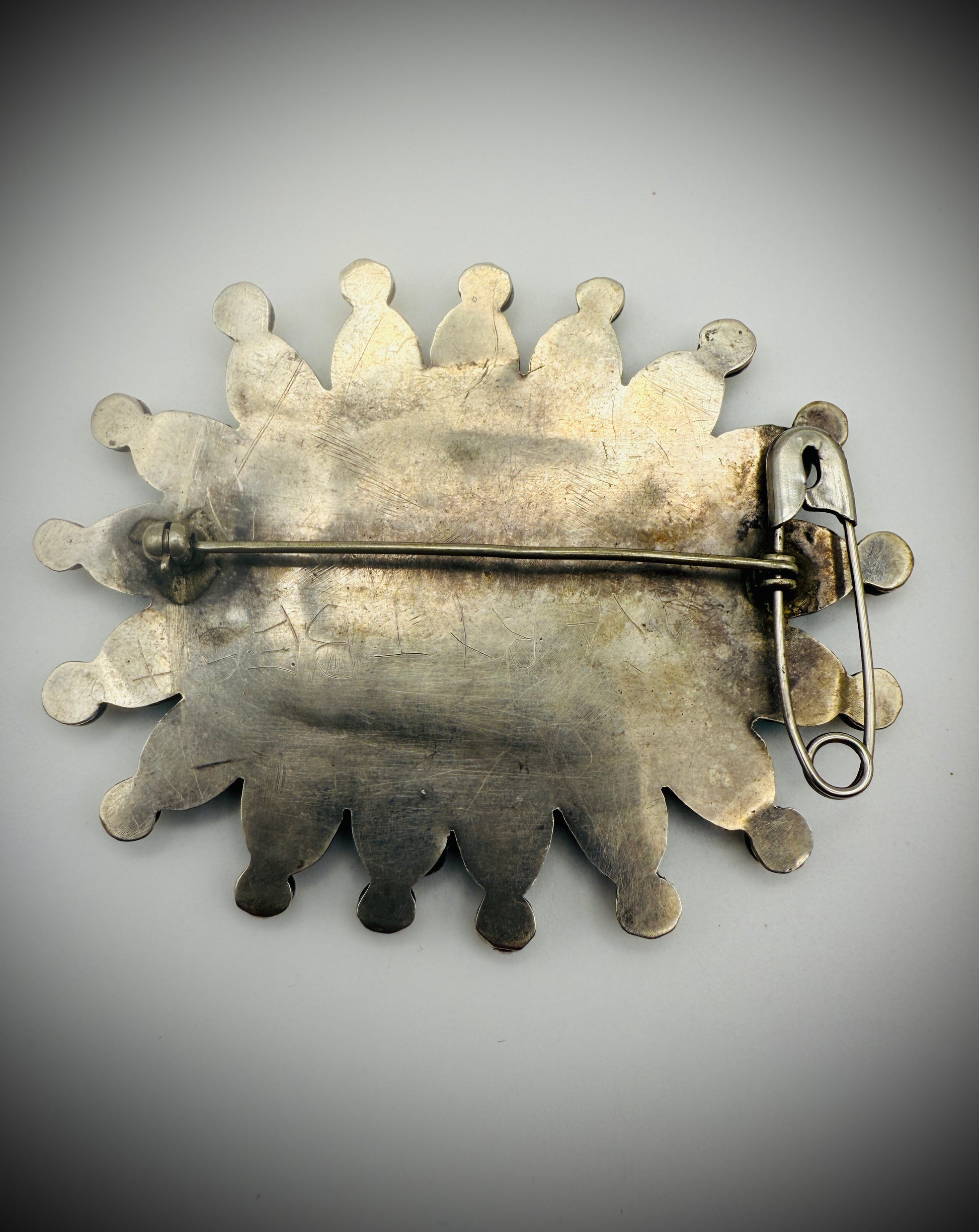 Vintage Navajo “Dead Pawn” Turquoise Cluster Brooch + Tag, 3.25" (26g)