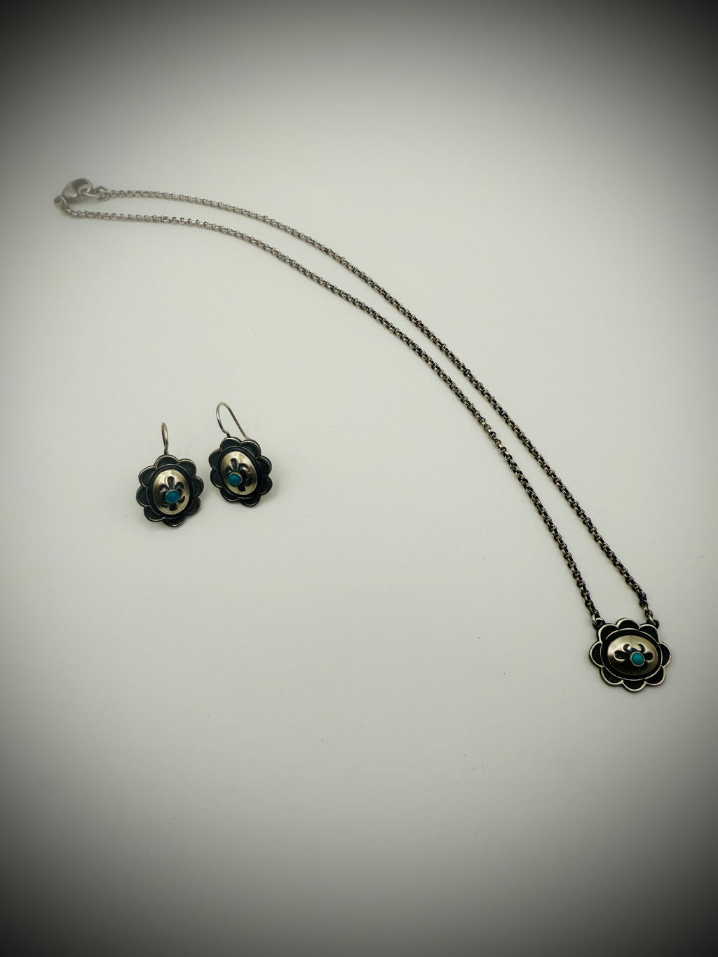 Kevin Randall Sterling Turquoise Concho Set: 18" Necklace & Earrings