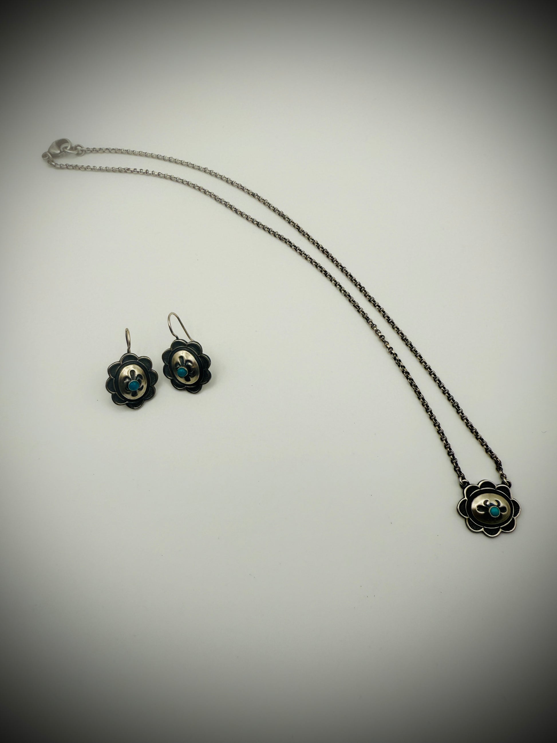 Kevin Randall Sterling Turquoise Concho Set: 18" Necklace & Earrings
