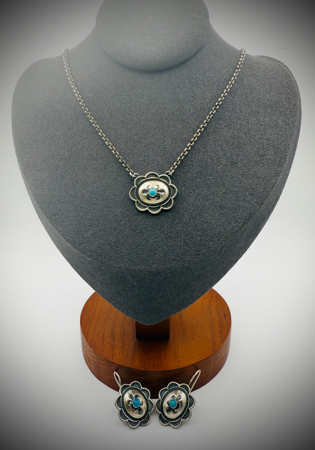 Kevin Randall Sterling Turquoise Concho Set: 18" Necklace & Earrings