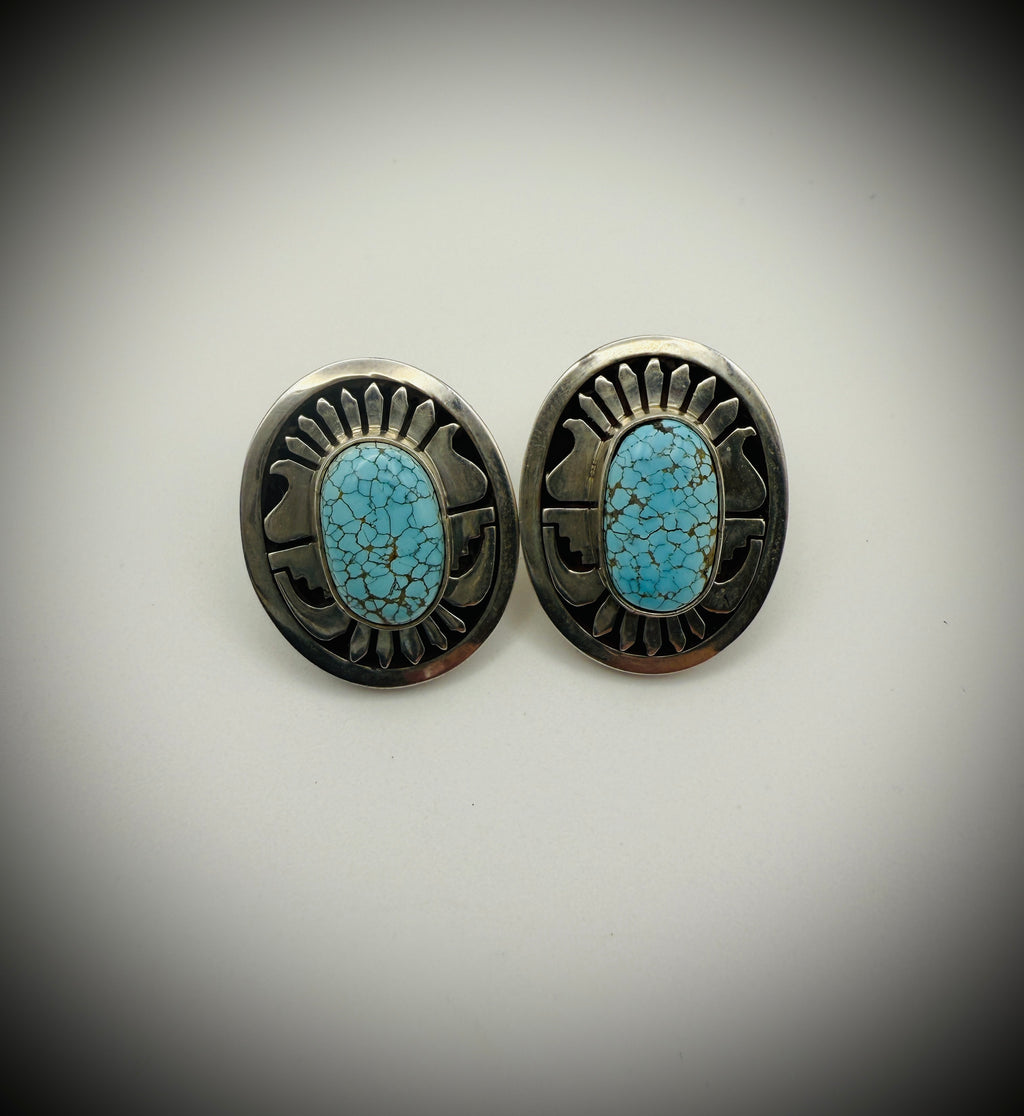 Leonard Nez Navajo #8 Turquoise Overlay Earrings, 1" (15g) – Signed