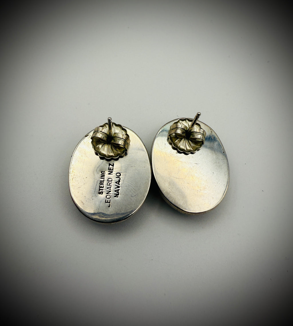 Leonard Nez Navajo #8 Turquoise Overlay Earrings, 1" (15g) – Signed