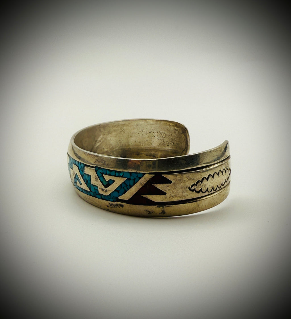 Thomas Singer Navajo Sterling Chip-Inlay Cuff 6.5" (23g) Turquoise/Coral