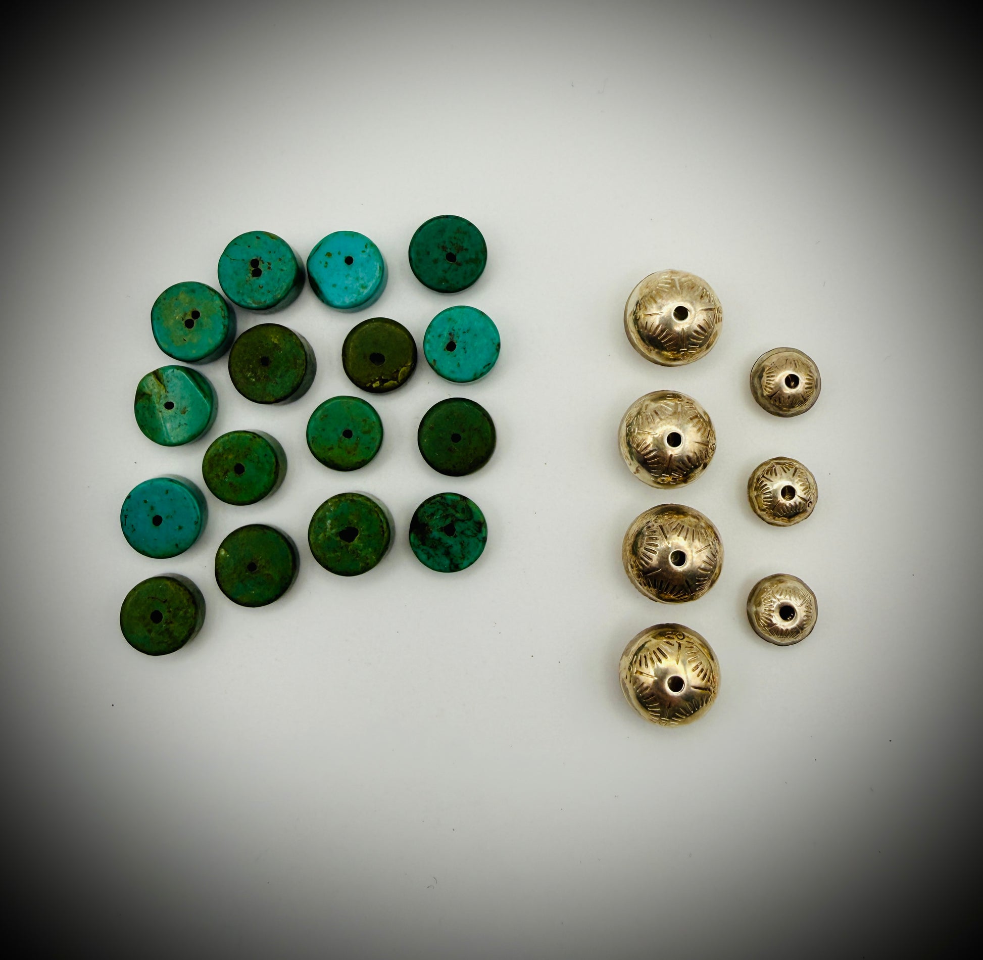 Lot — 16 Turquoise 10 mm Disc Beads + 7 Handmade Stamped Navajo Sterling Beads (20g)