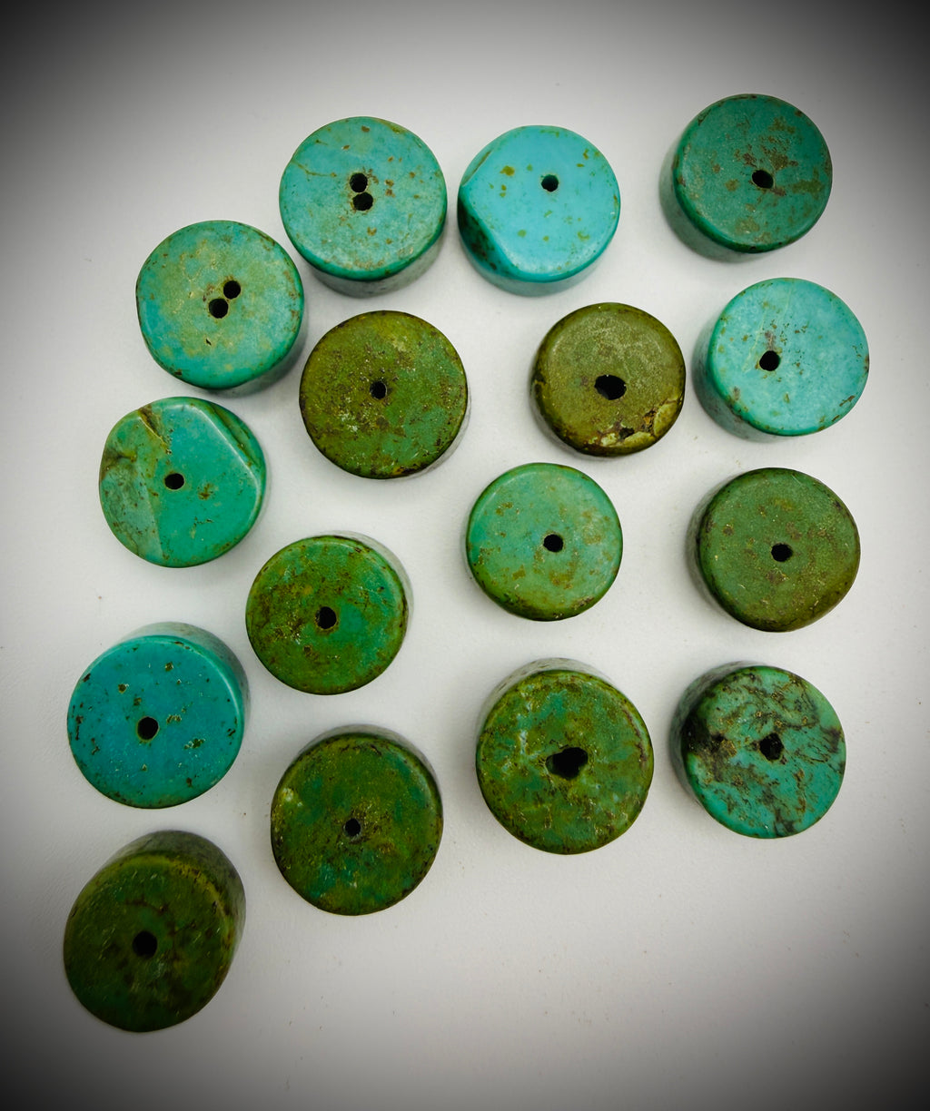 Lot — 16 Turquoise 10 mm Disc Beads + 7 Handmade Stamped Navajo Sterling Beads (20g)