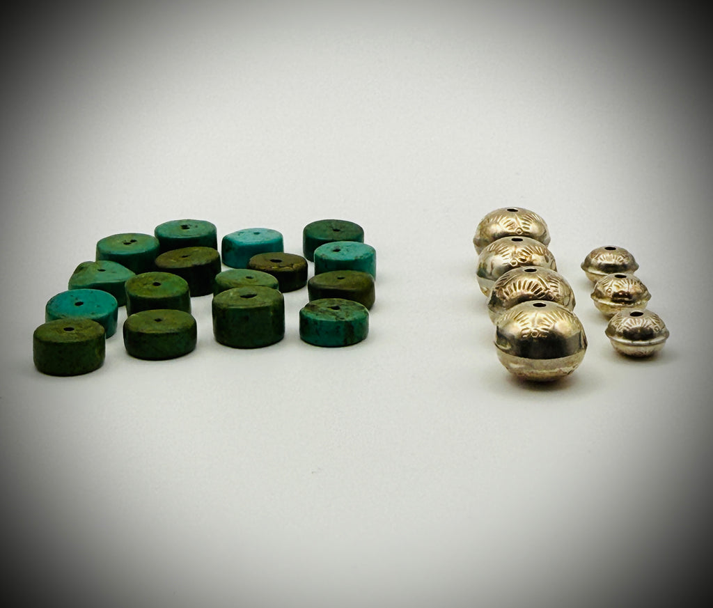 Lot — 16 Turquoise 10 mm Disc Beads + 7 Handmade Stamped Navajo Sterling Beads (20g)