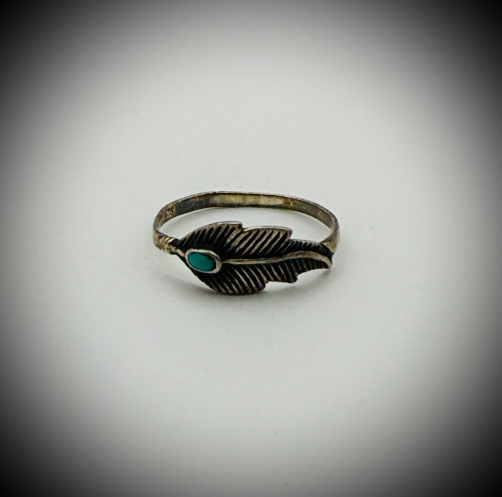 Sterling Turquoise Feather Ring — Size 7, Marked 925, Dainty Stackable