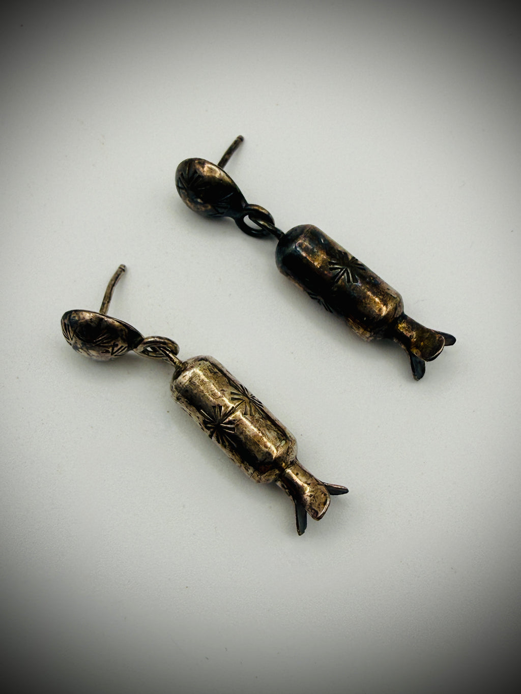 Vintage Sterling Squash Blossom Dangle Earrings — Hand-Stamped, 1.5", 5g