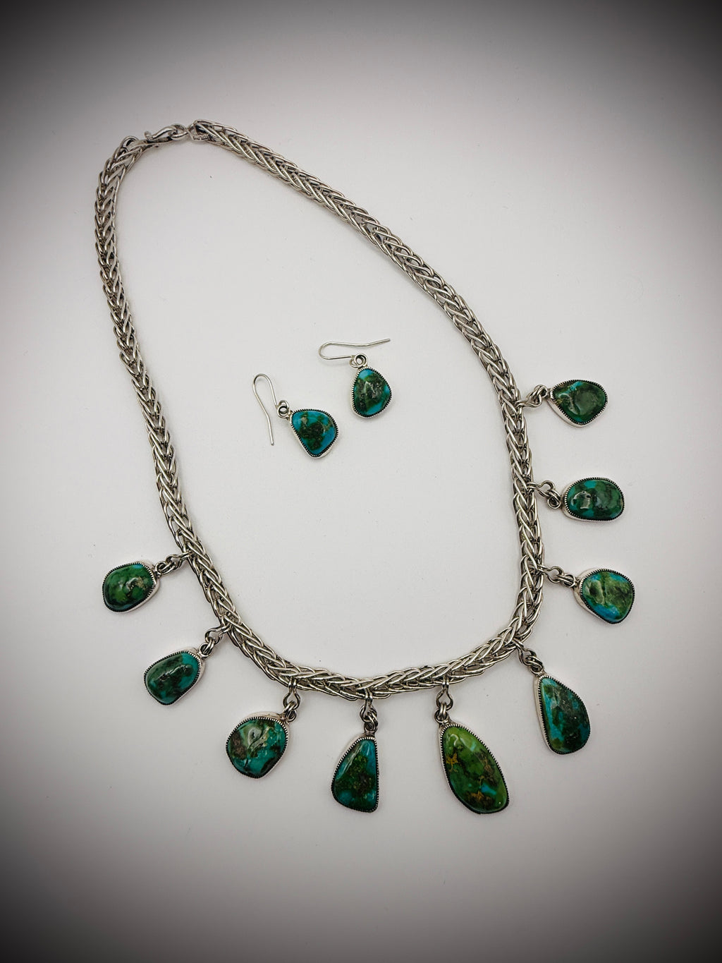 Sonoran Gold Turquoise Necklace & Earrings Set — Sterling, Signed “Smokey”, 18" + Drops, 62g